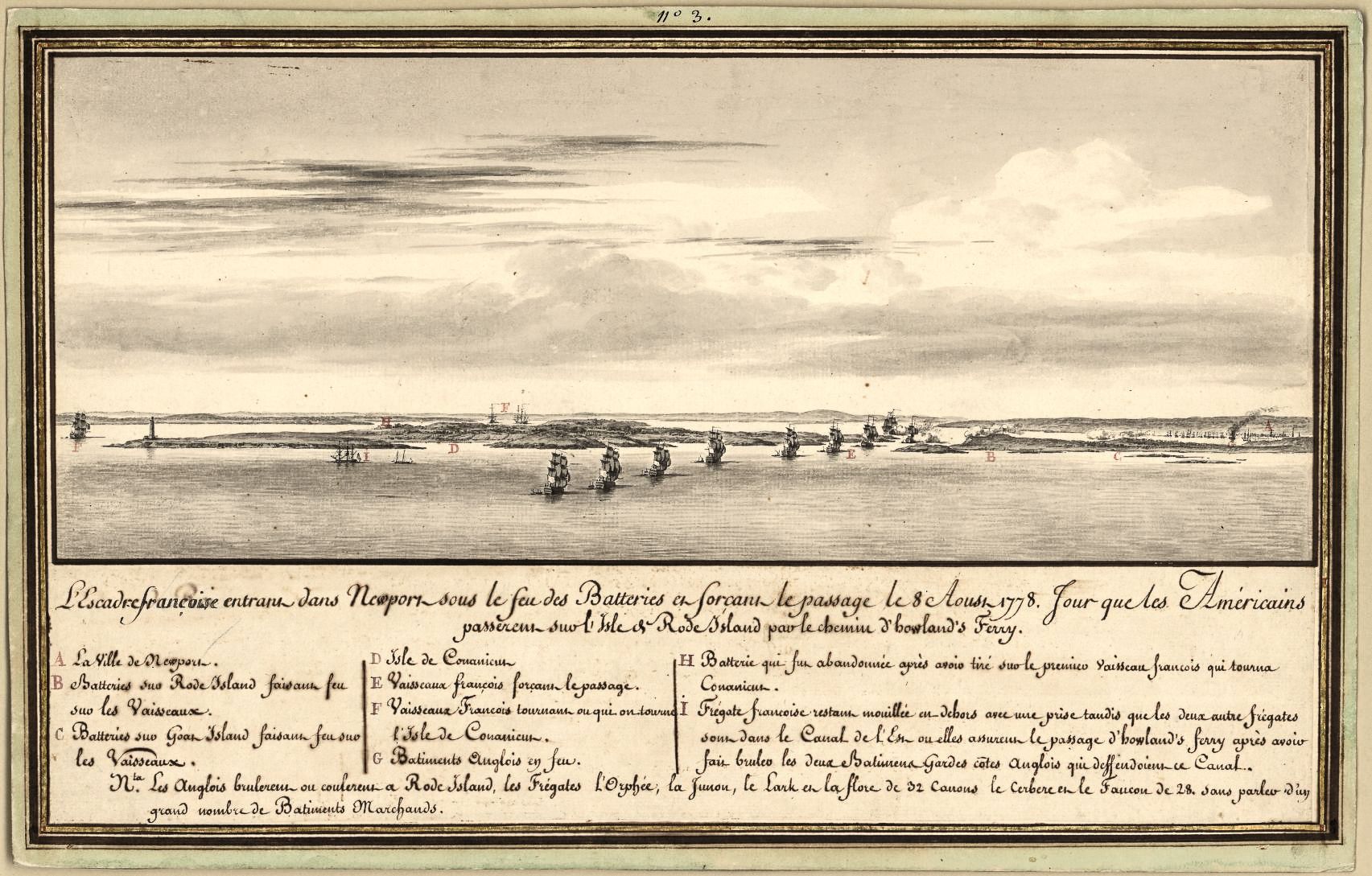 Black and White illustration on yellowed paper showing ships in a harbour with land behind them.