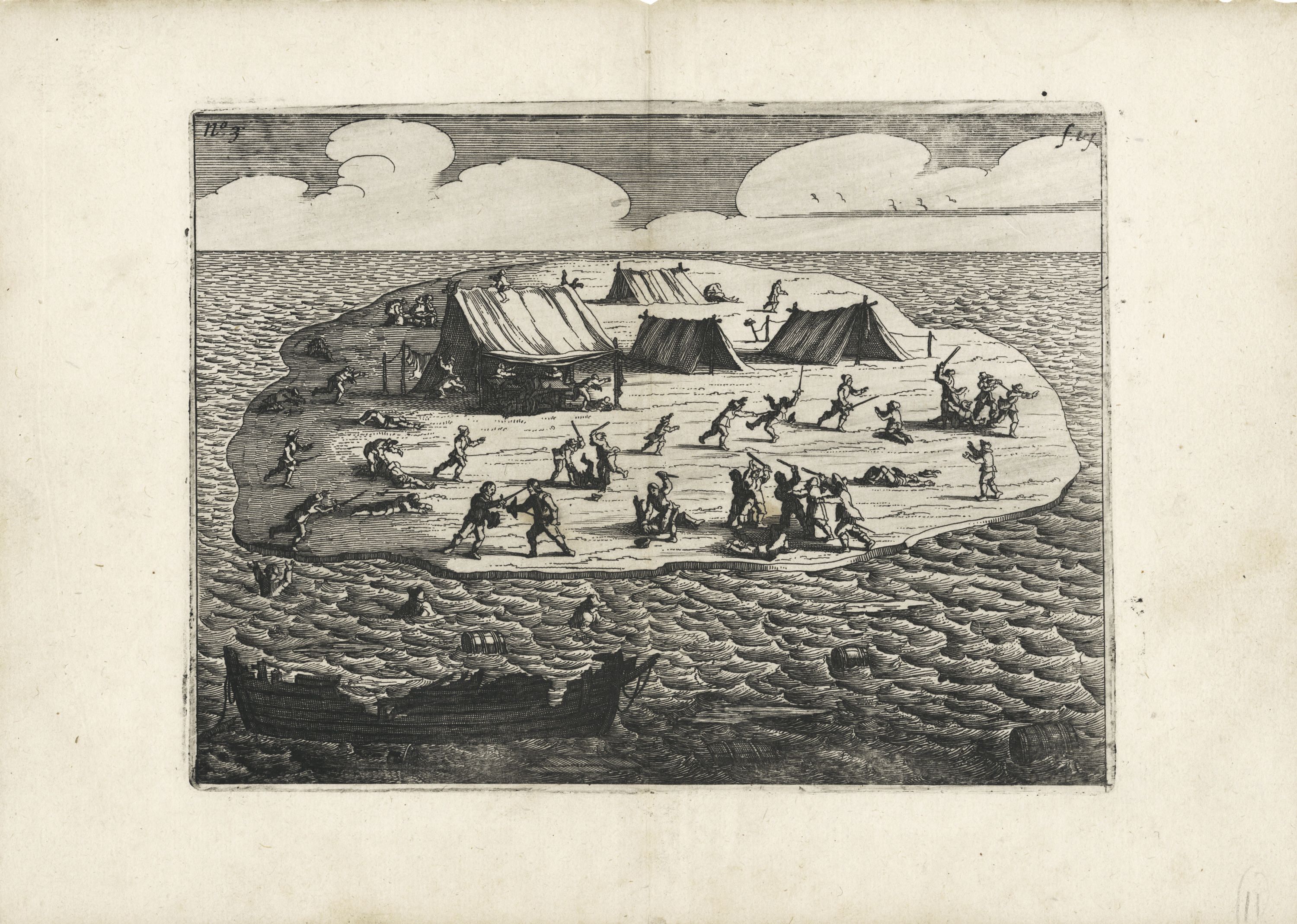 Black and white engraving on yellowed painting.The image depicts a people fighting with weapons on a small island with tents in the background. 