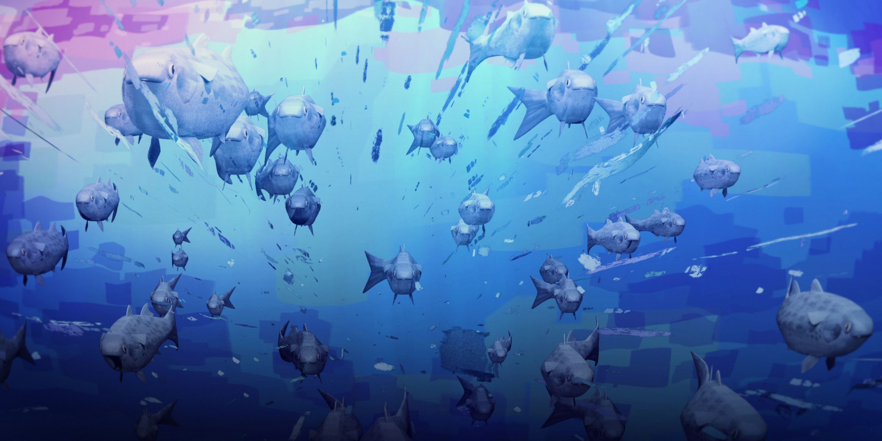 Still from animation, fish swimming towards the viewer.