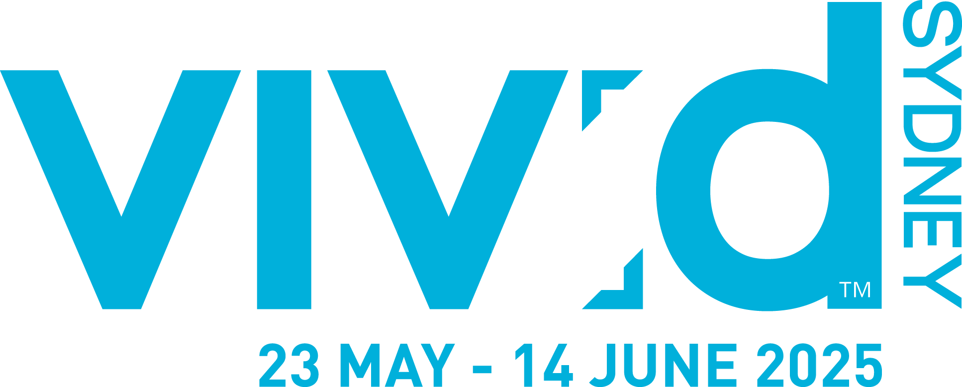 Logo for Vivid Sydney. The text is light blue and includes the dates 23 May - 14 June 2025 across the bottom.