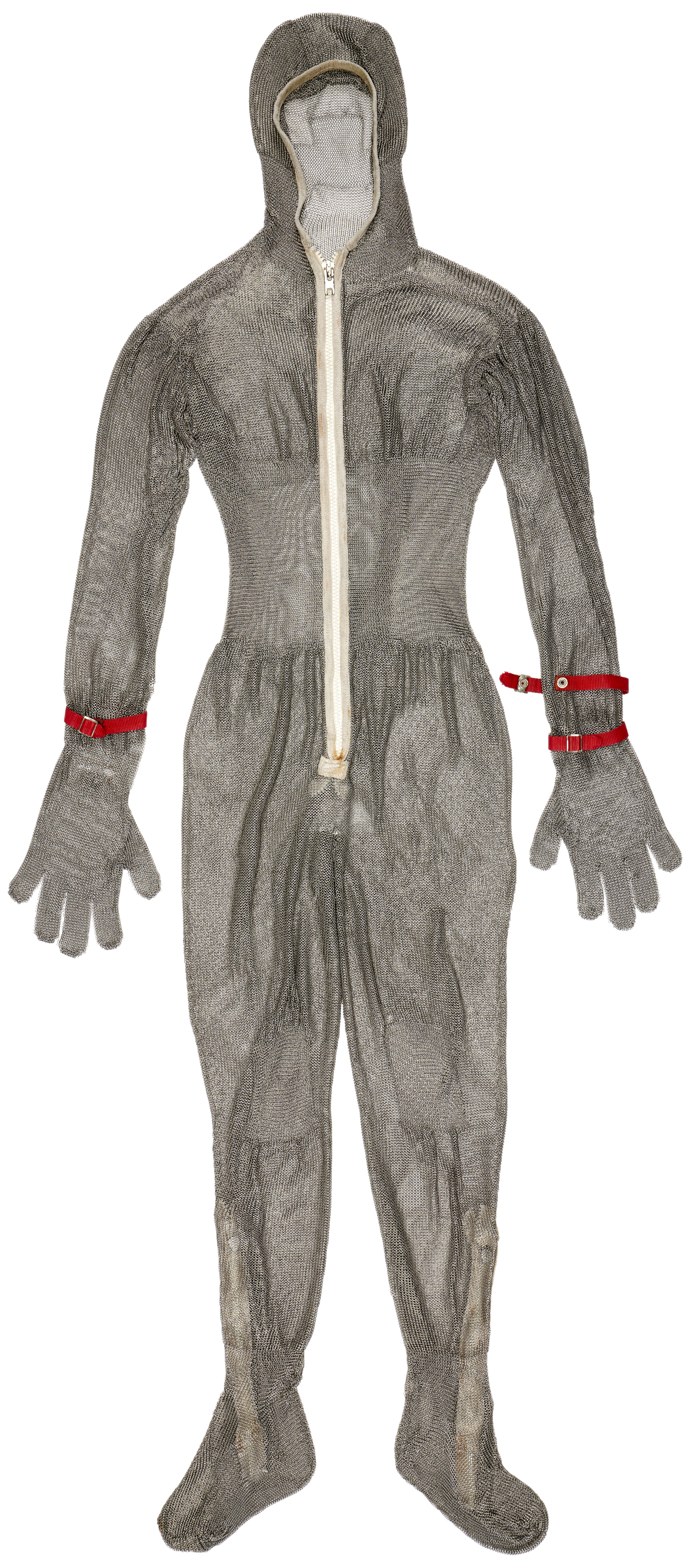 Photo of a full body suit made from fine siler chain mail