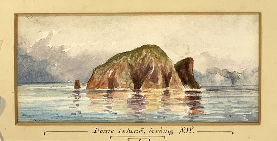 Watercolour painting of a dmall island. Writing on the mount around the painting says 'Dome Island looking N.W.'
