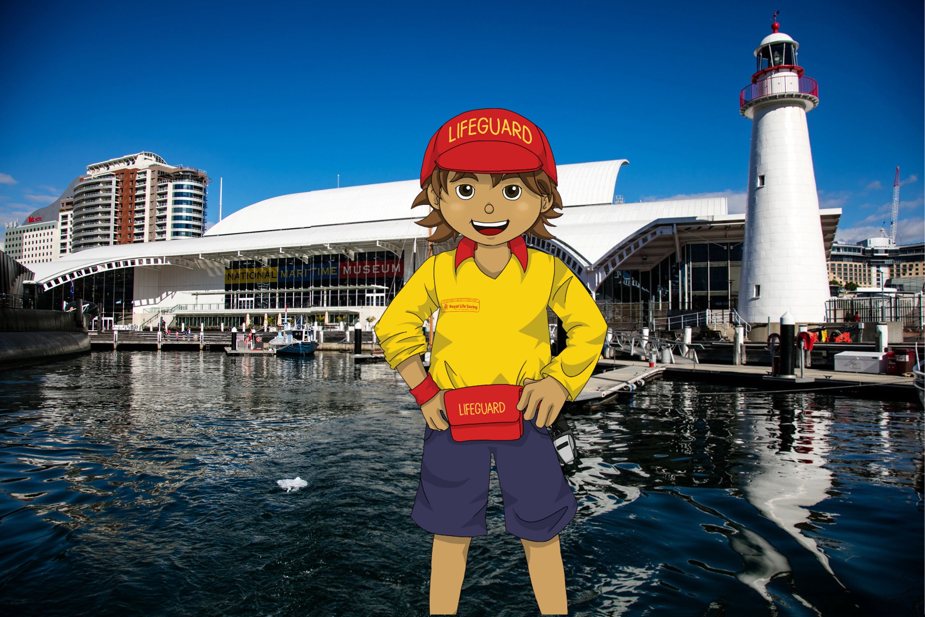 Cartoon of a lifesaver wearing yellow and red sun safe clothing with a photo of the museum in the background.