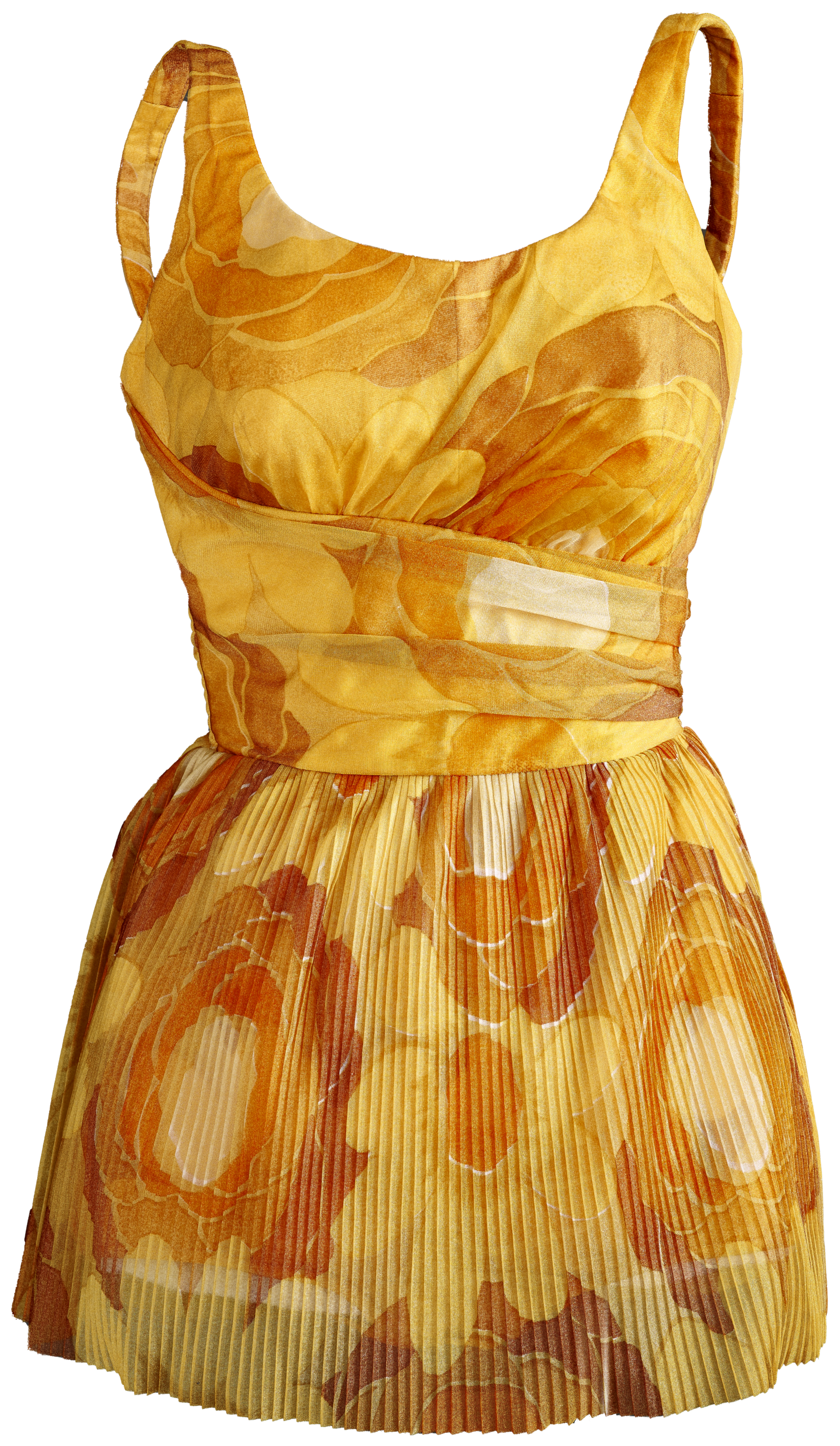 Yellow orange patterened one peice swimwear with pleated skirt