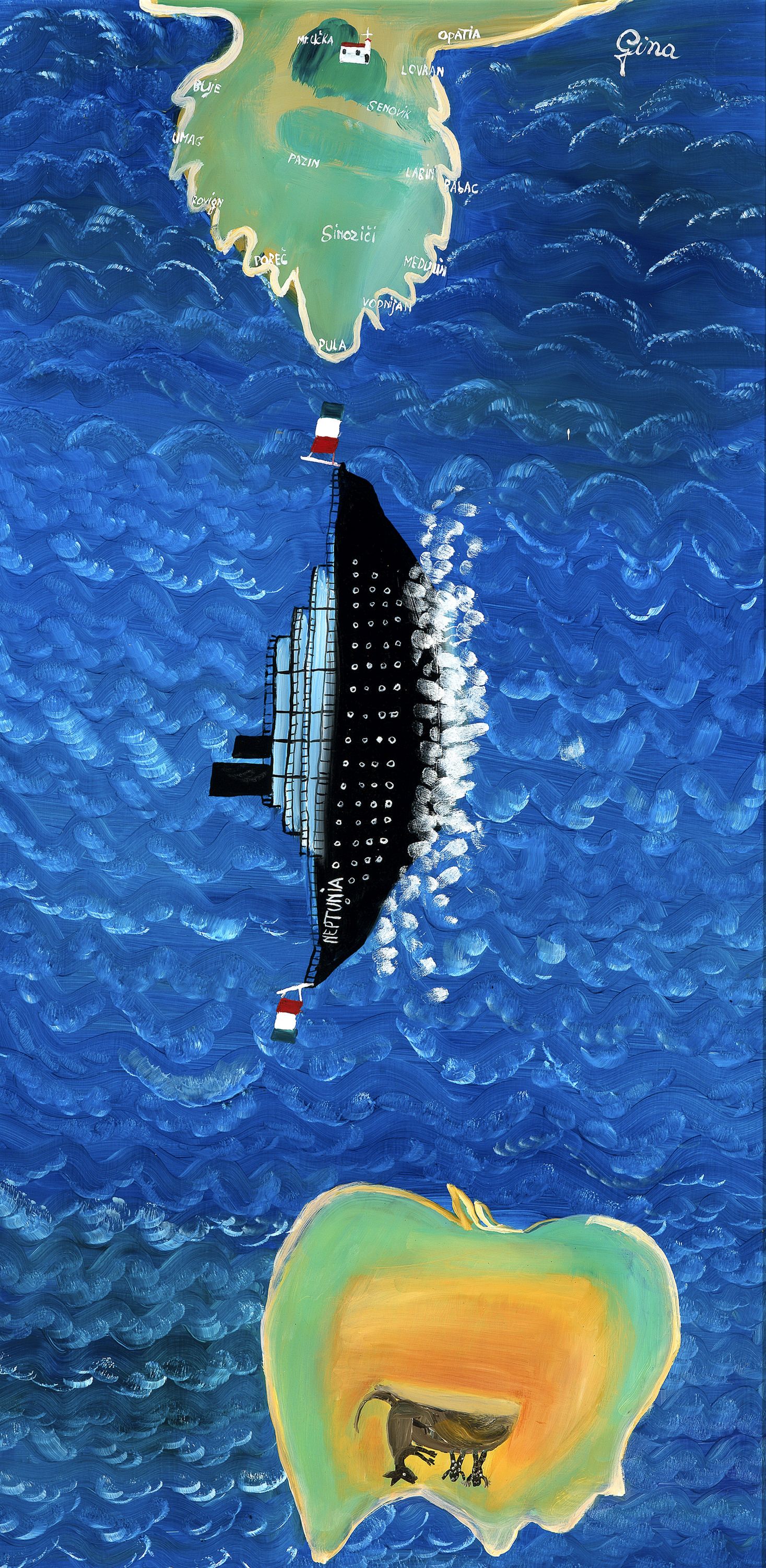 The painting depicts the NEPTUNIA sailing vertically down from Croatia to Australia. On top centre, a map of Croatia showing the villages and a church on the top of a hill. At bottom centre, the map of Australia with Uluru, two aborigonal pople and a kangaroo.