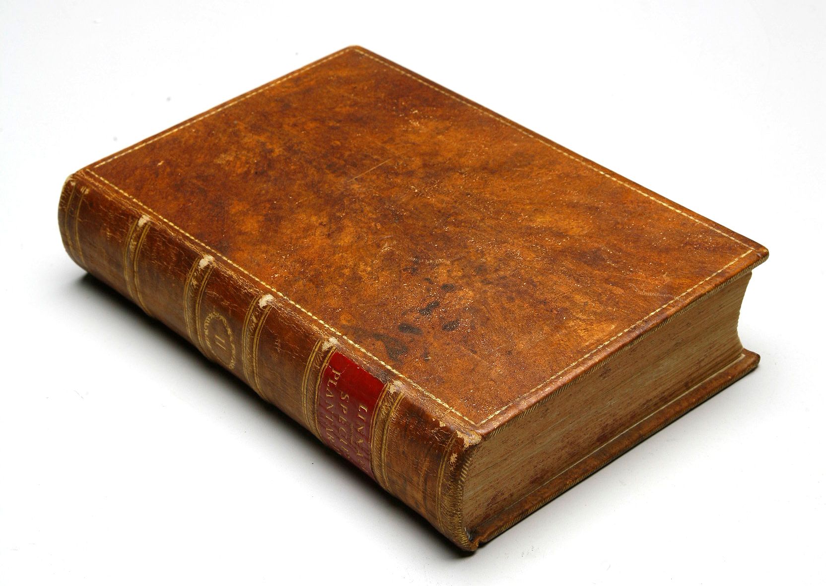 Photograph of a leather covered book on a white background.