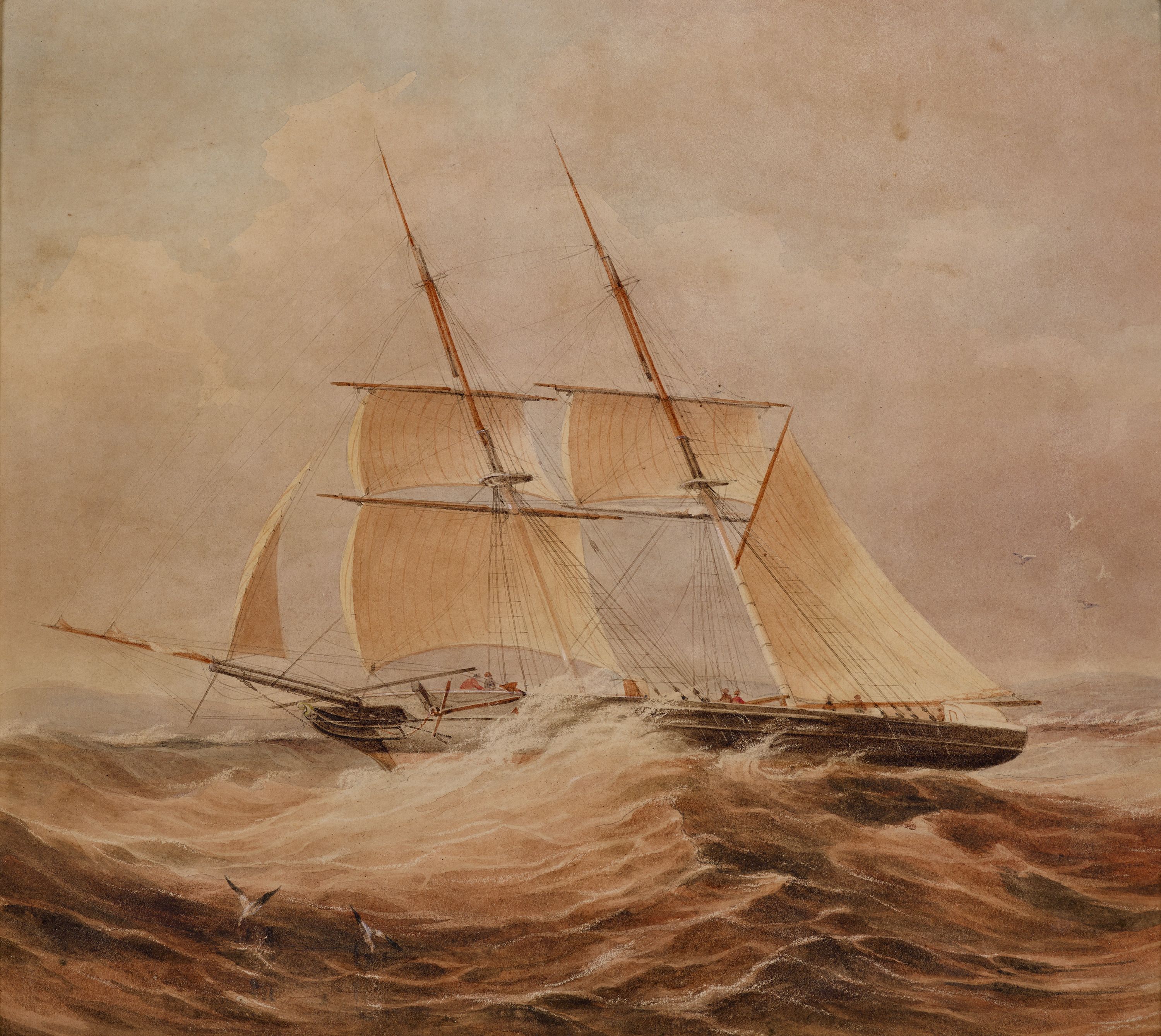 A yellowed painting of a tallship on a rough sea, with the sails and masts tilted diagonally with the strong wind, most of the hull of the ship is obscured by the large waves. 
