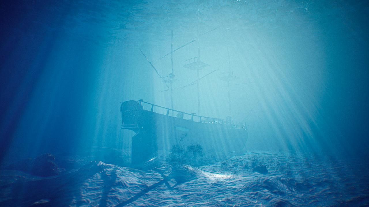 Graphic showing a shipwreck underwater with rays of light coming down from the surface.