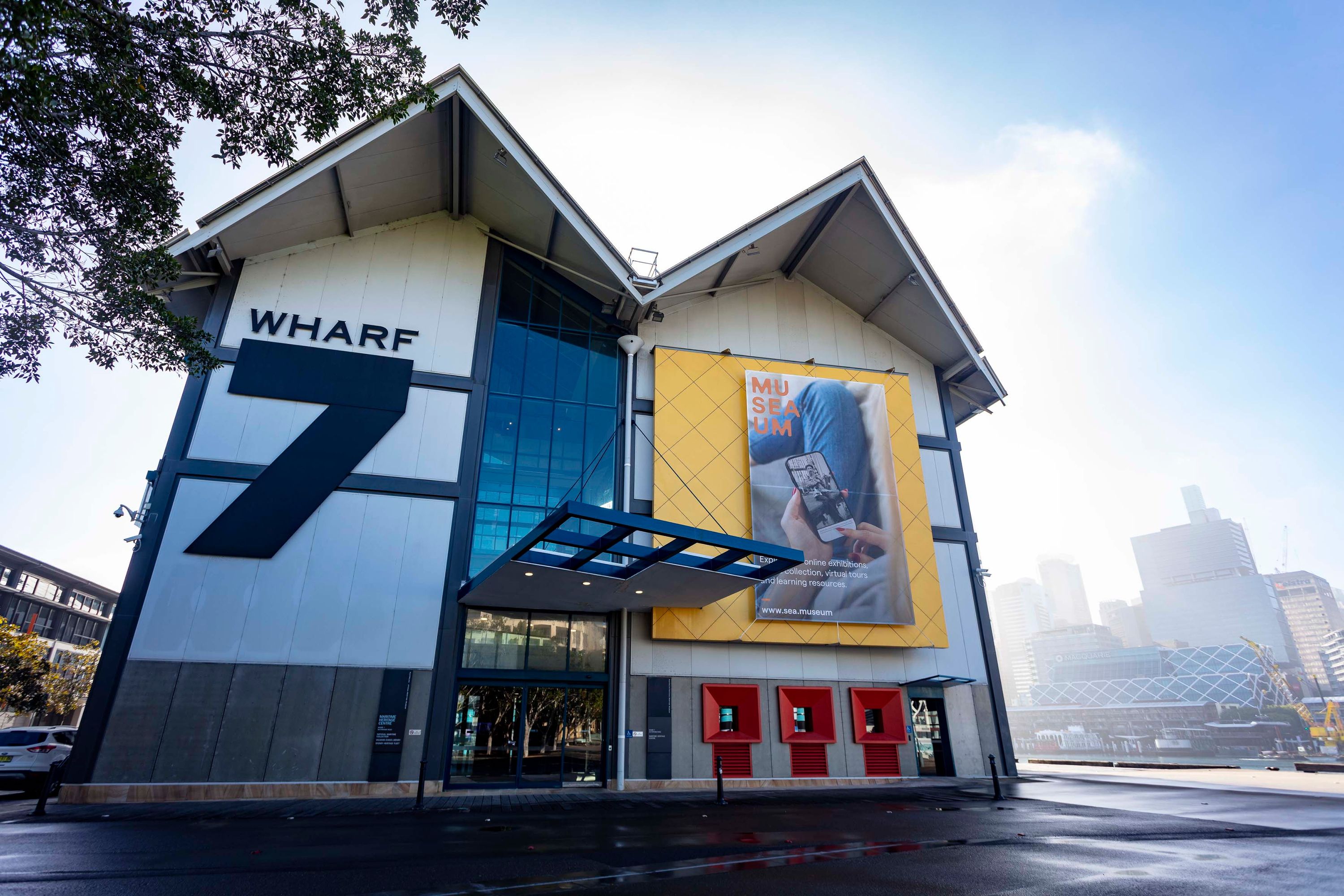 Photo of a building with a large sign saying Wharf 7.