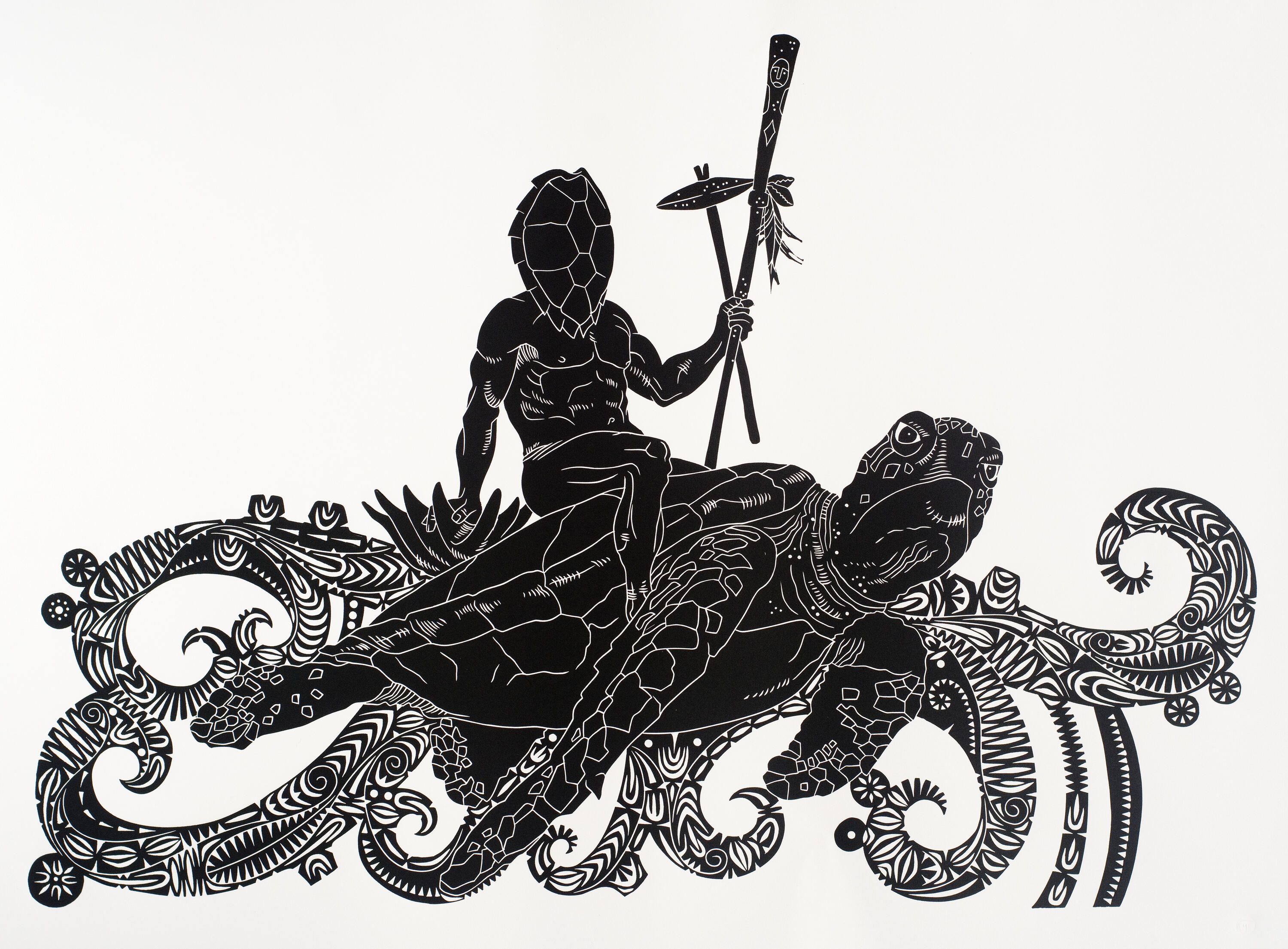 Artwork, a Black and White print of a figure ridding a turtle 