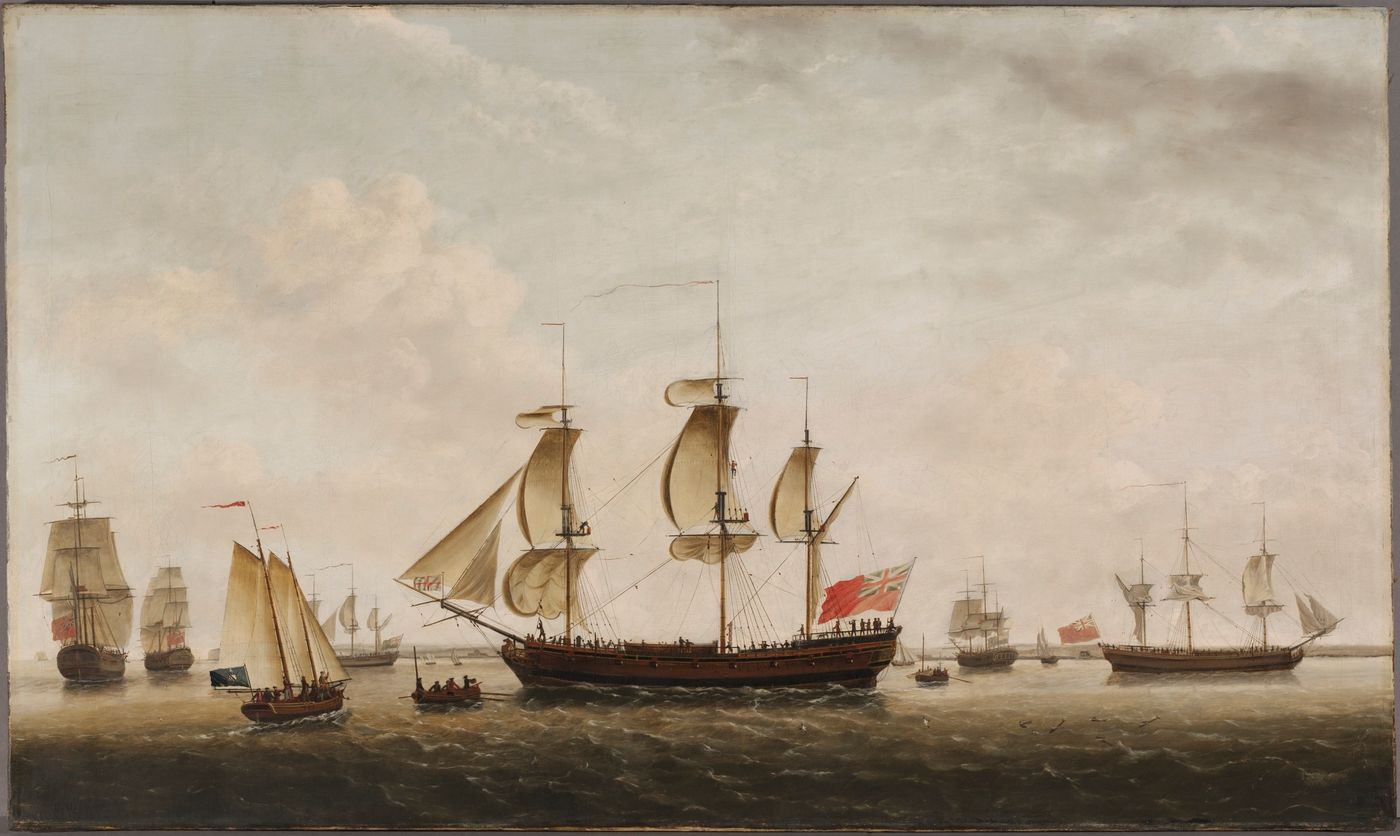 Painting showing a collection of tall ships with white sails.