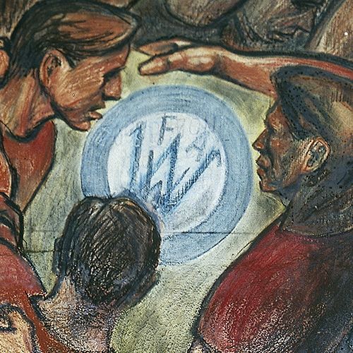Close up section of a mural featuring men looking at the logo for the union.