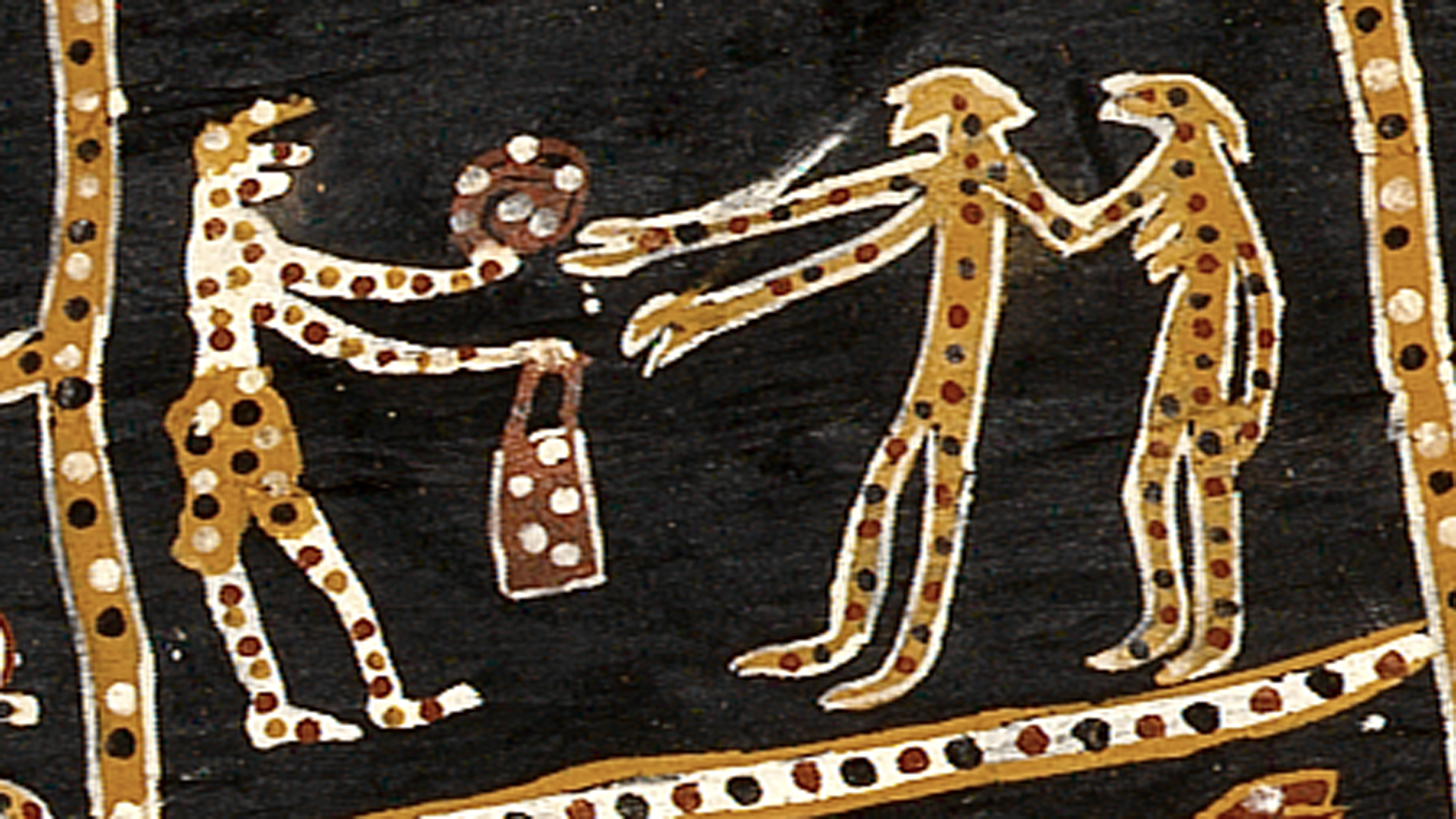 Bark painted with coloured ochres showing figures exchanging goods