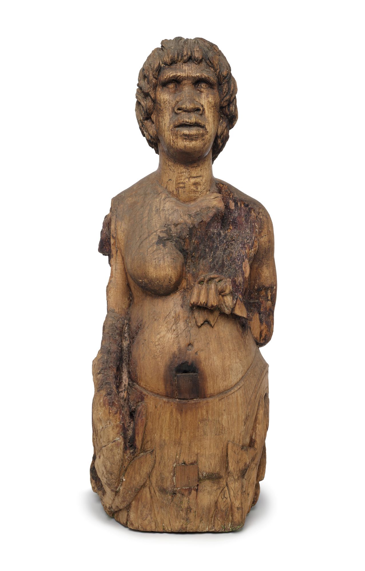 Figurehead representing a First Nations woman with native Australian floral motifs and reliefs of an emu and a kangaroo at its base.