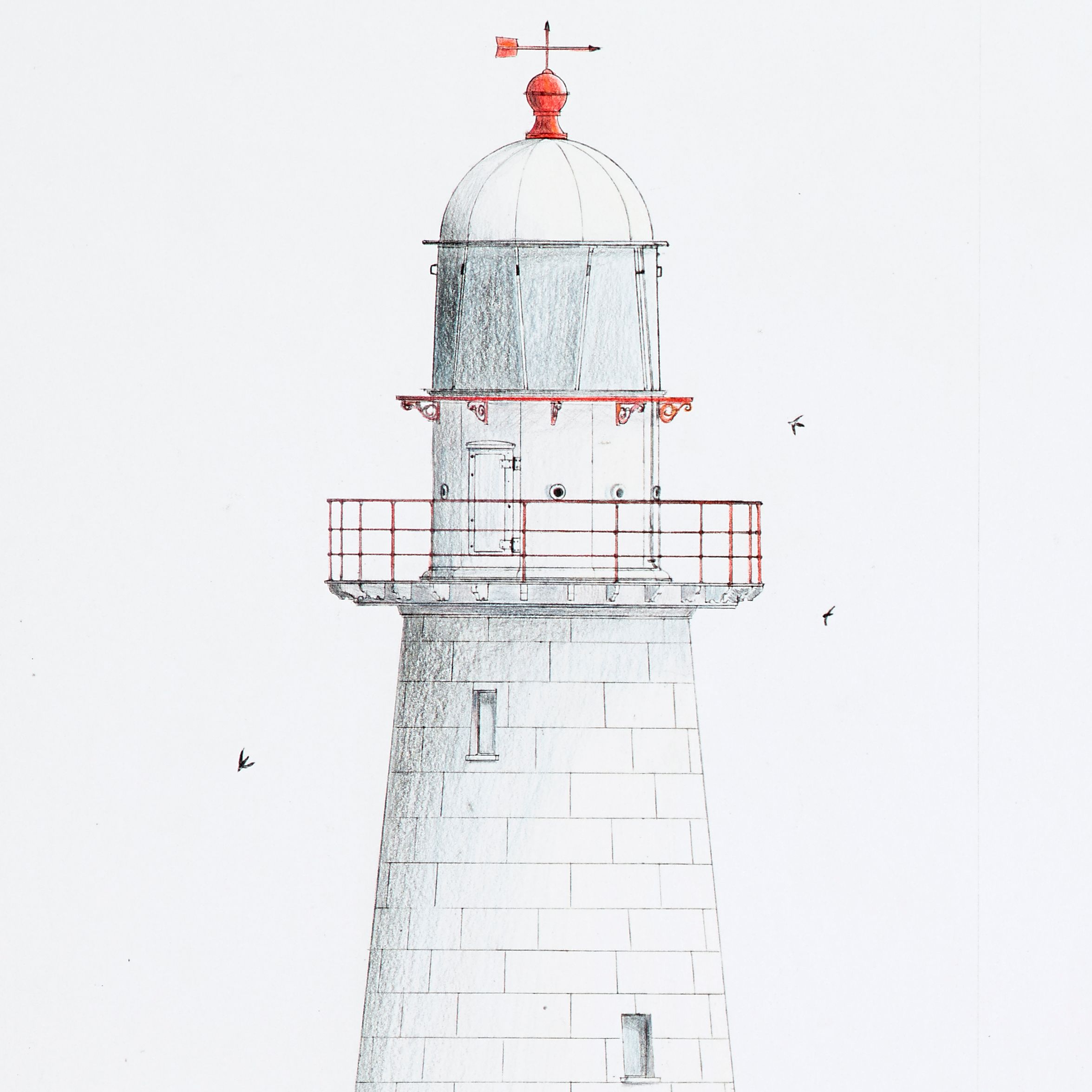Hand drawn illustration of the top of a lighthouse, painted white with red trim.