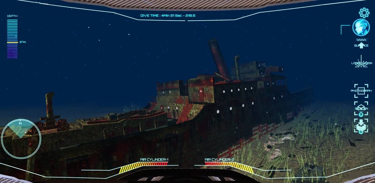 Screenshot from a computer game showing a large metal ship underwater.