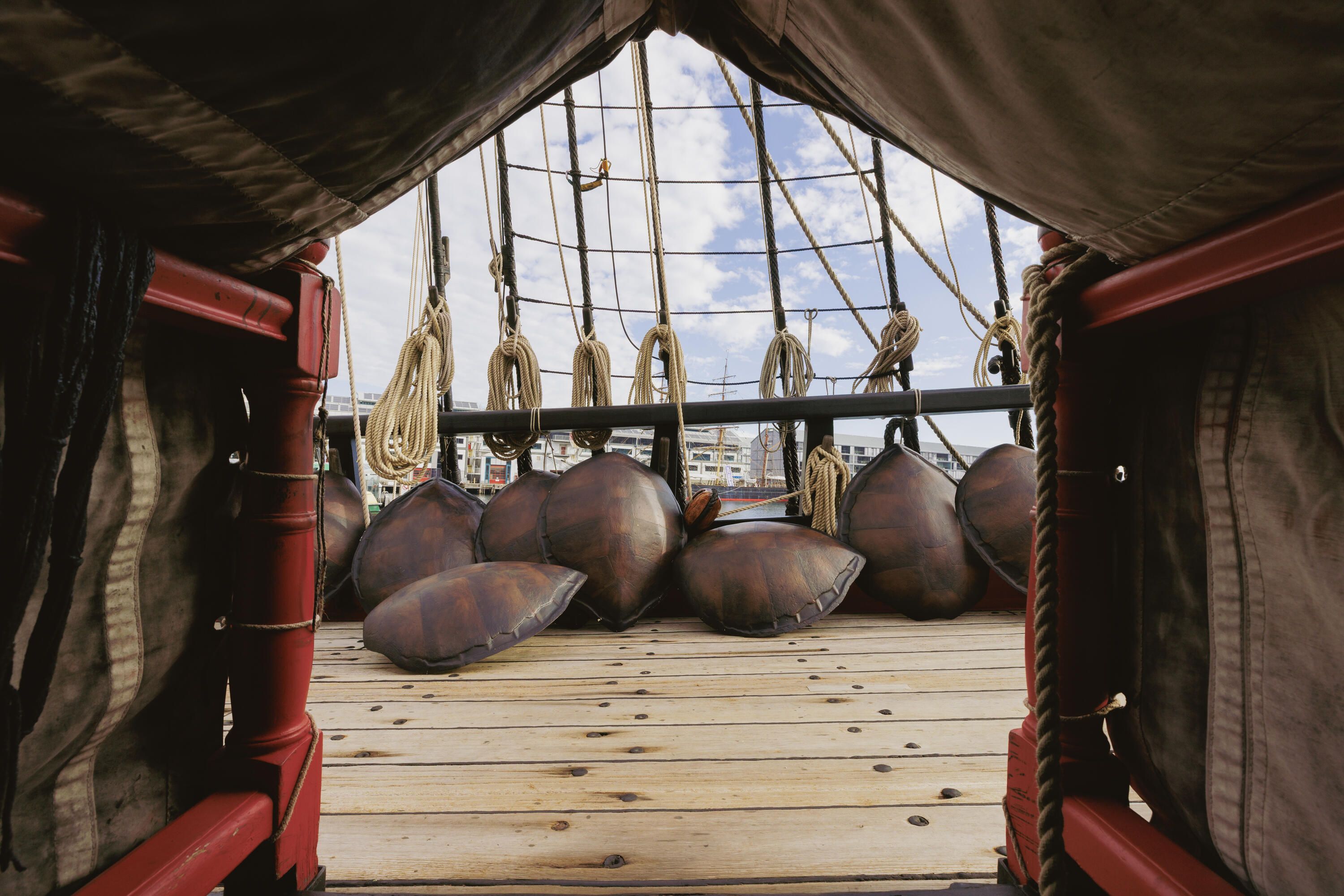 Photo taken on the deck of a ship showing a collection of turtle shells arranged against the railing, with ropes in the background and framed by a tent-like covering over the photographer.