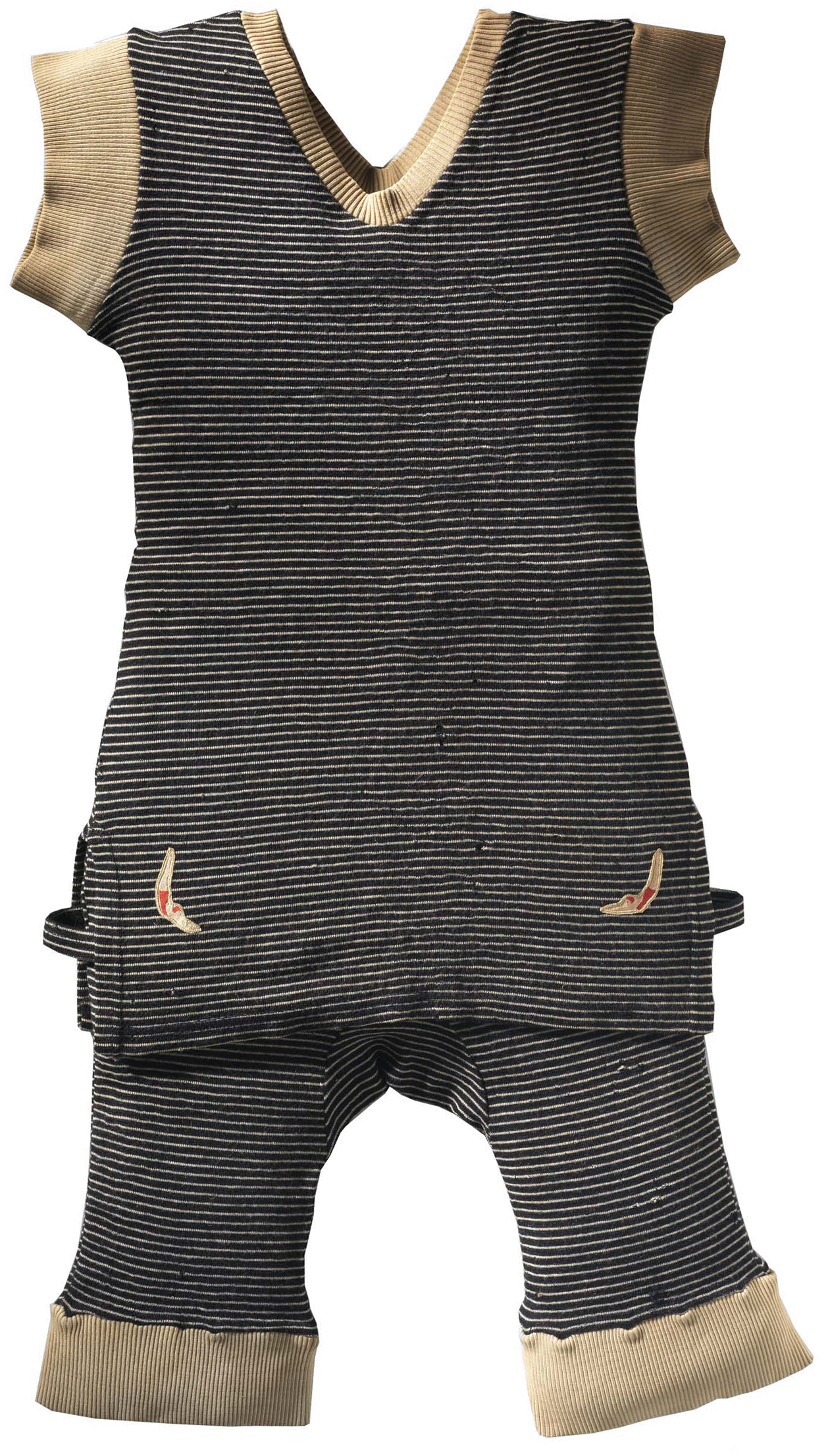 Old swimwear with black and cream striped body and shorts, and cream trim.
