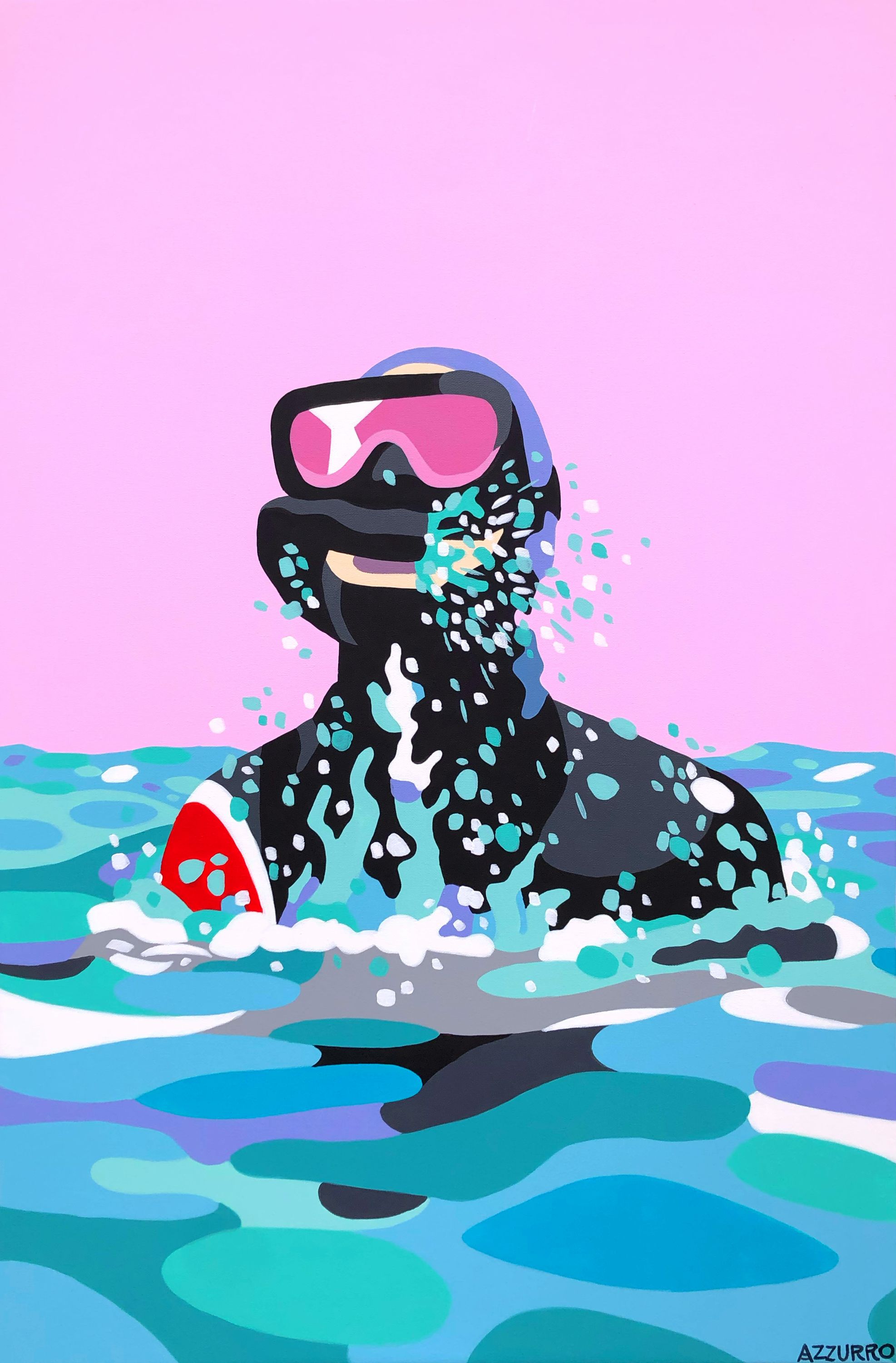 Painted mural showing a diver with mask and snorkel coming out of the water, with a pink background.