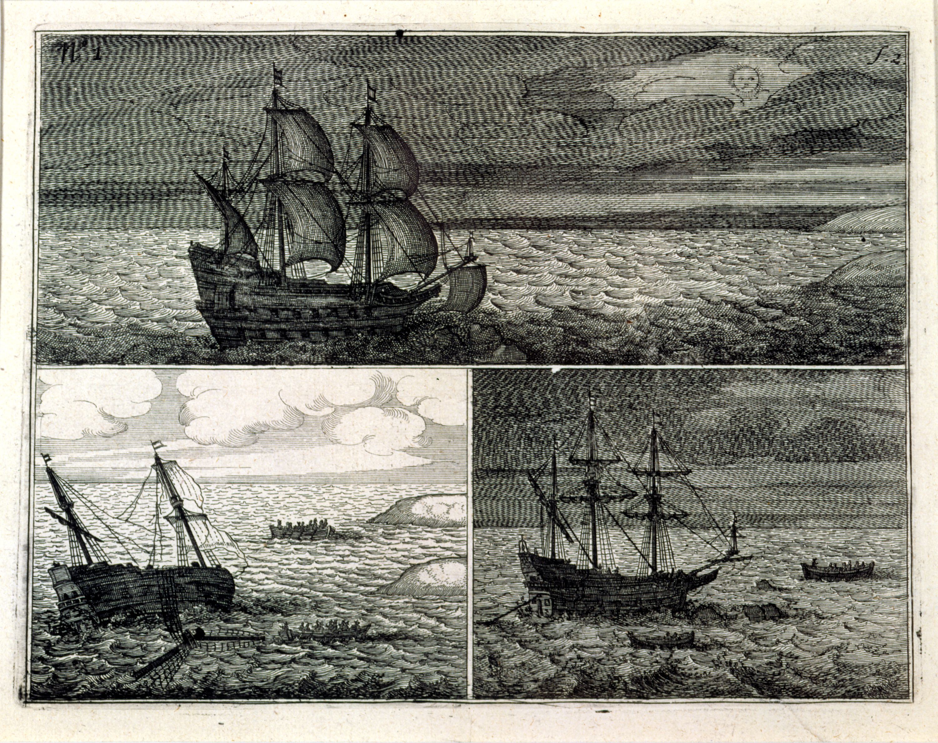 Engraving of 3 scenes each showing a sailing ship. 