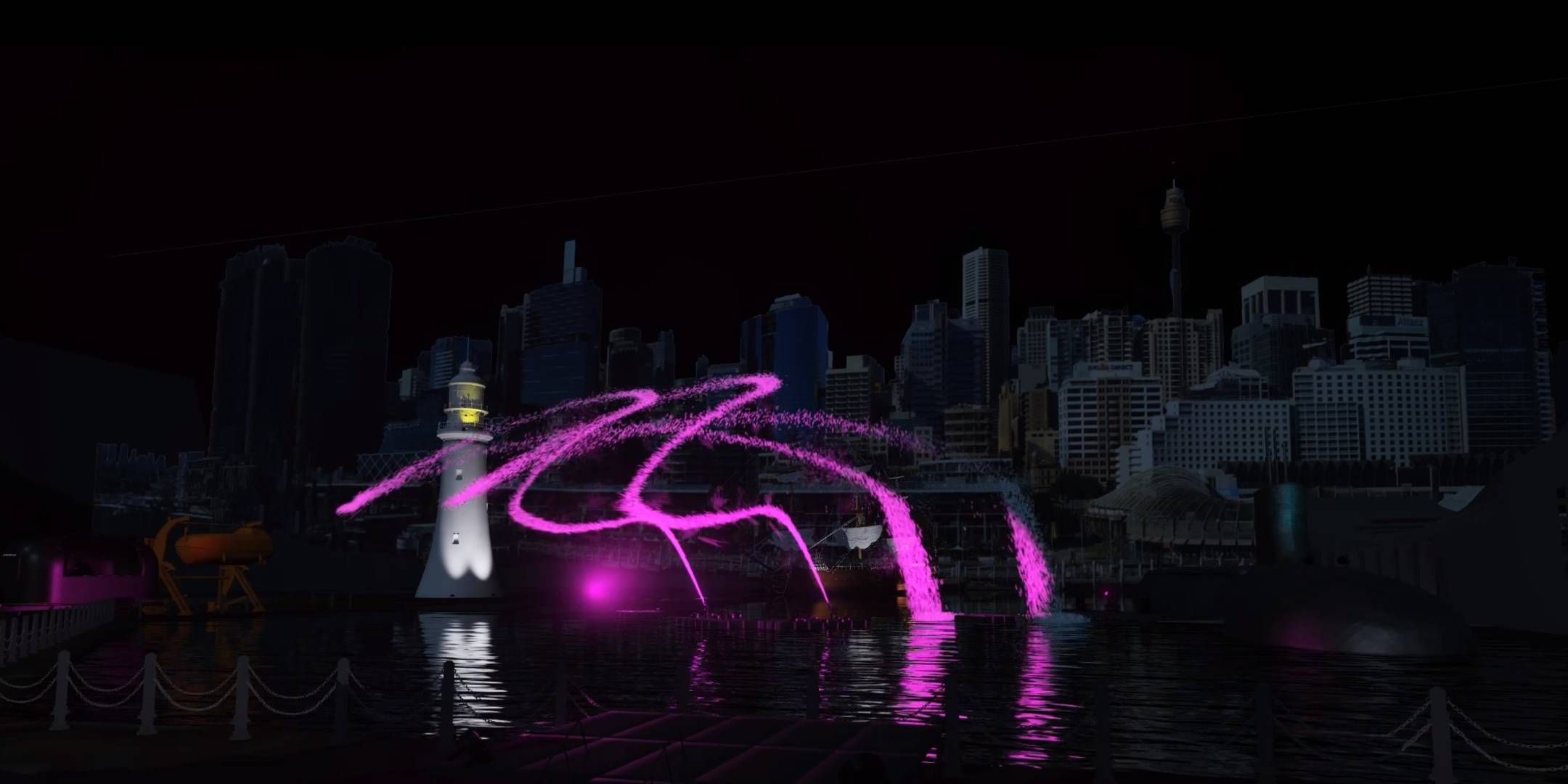 Photo showing a harbour at night, with a water show light up with pink lights and a white lighthouse. 