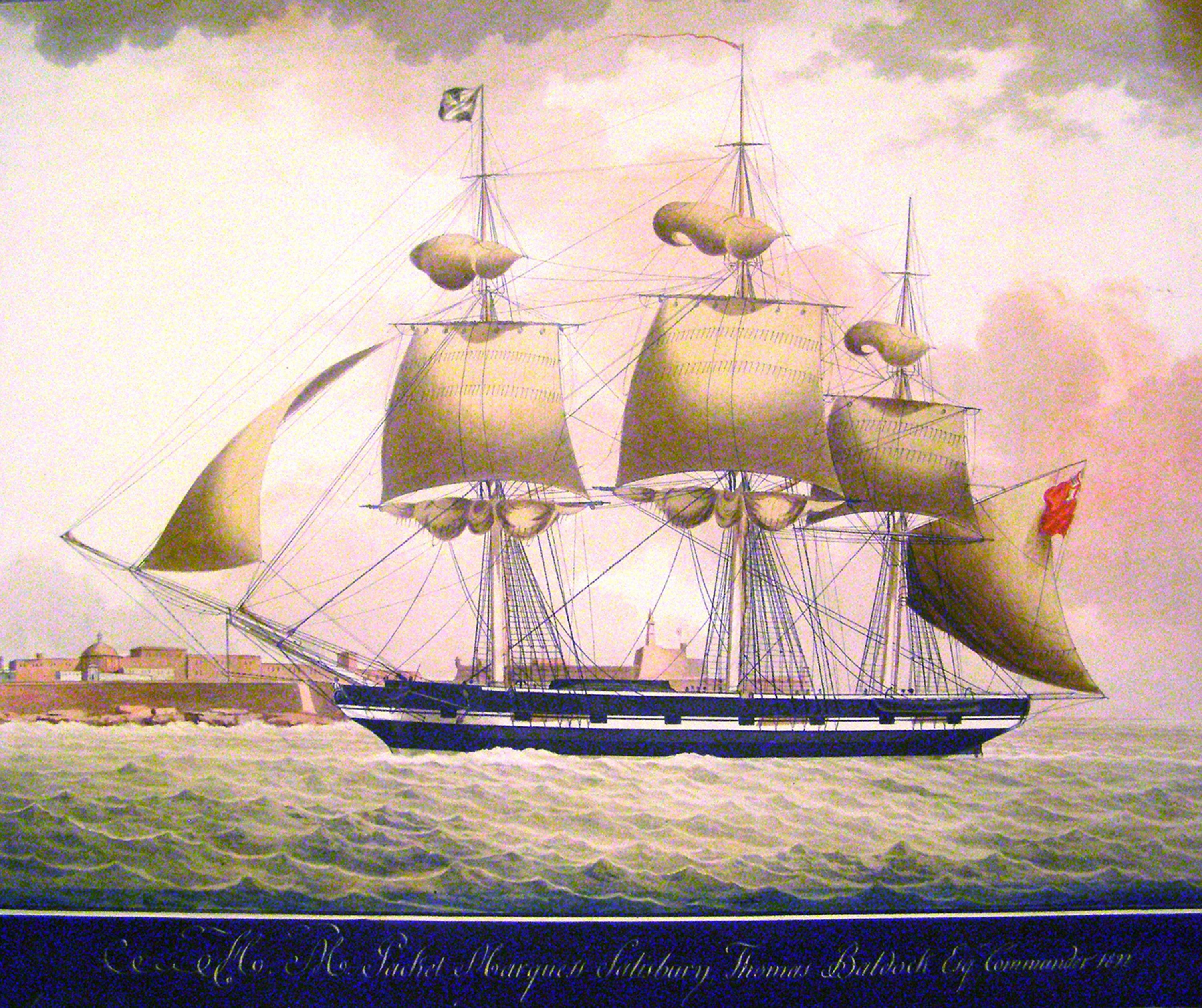 Illustration of a large ship with sails 