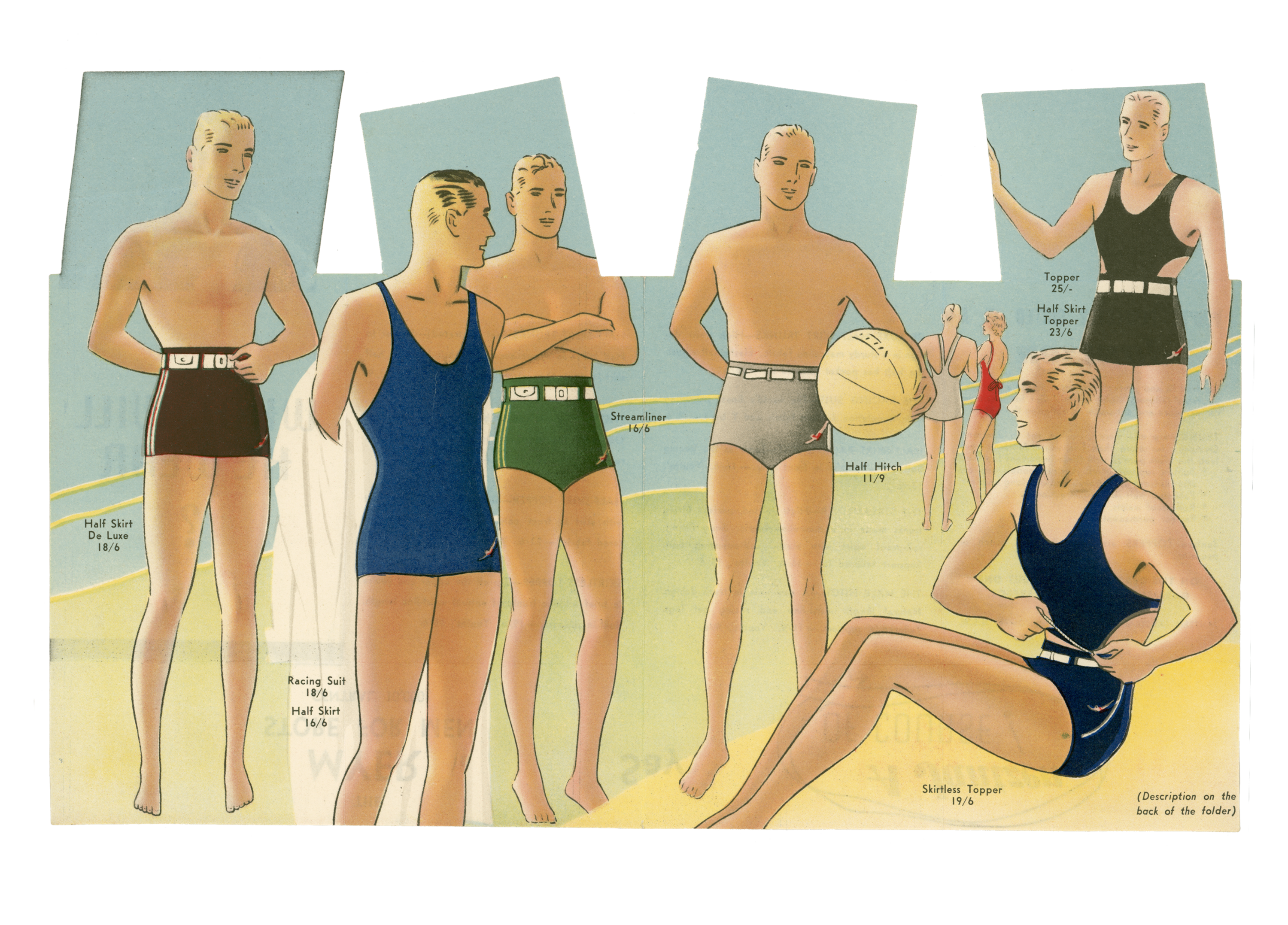 Illustrated, colour advertisement for Jantzen swimwear, featuring 6 male models with white skin and blonde hair on a beach, and another couple in the background.
