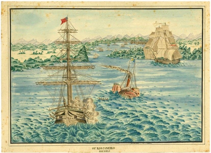 Artwork depicting ships. there is land in the background