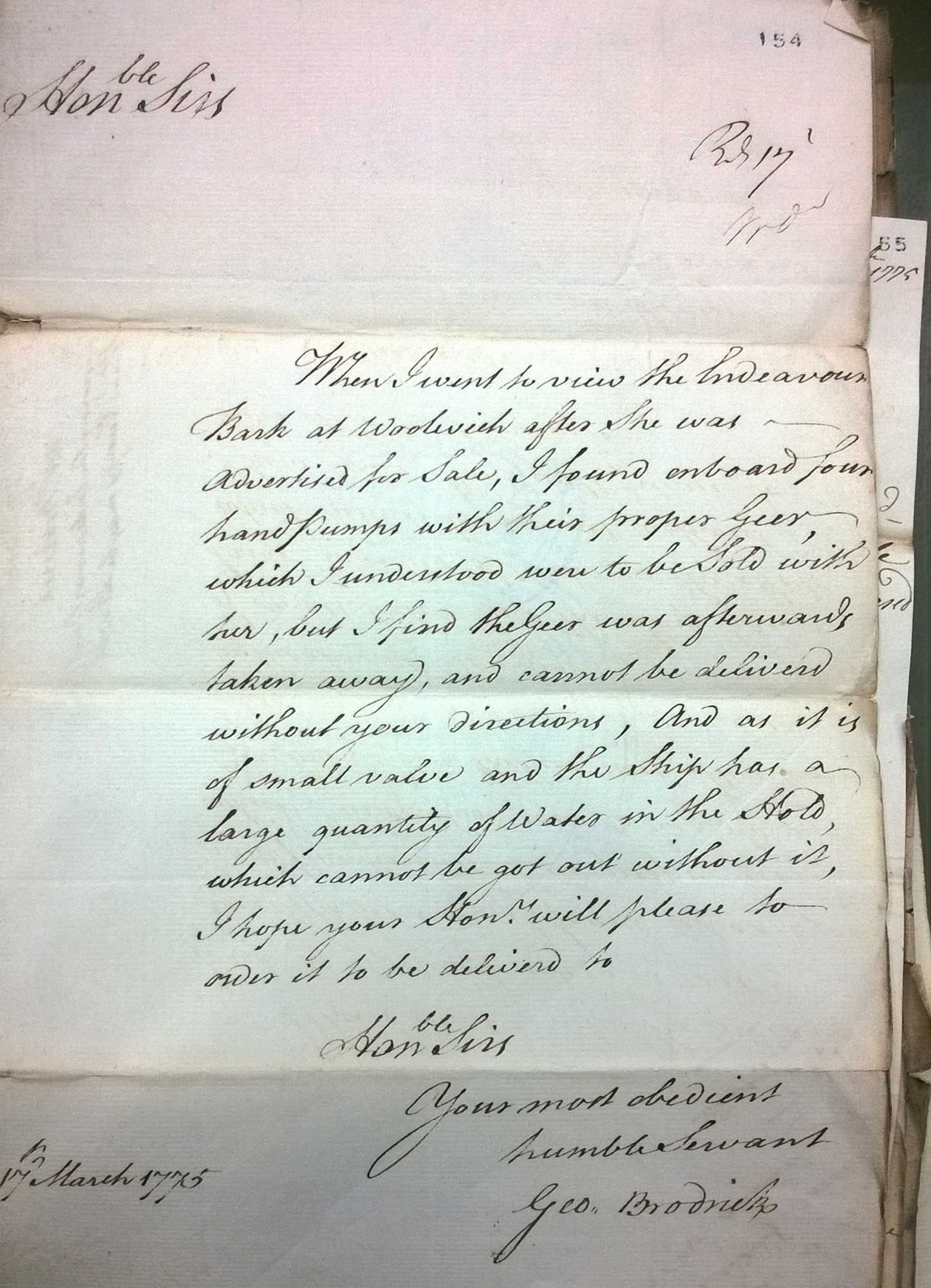 Letter written by George Brodrick on 17 March 1775 to the British Admiralty requesting the return of Endeavour’s bilge pumps. The pumps were present on the vessel at the time it was first viewed by Brodrick at Woolwich Dockyard but removed by the time he purchased it.