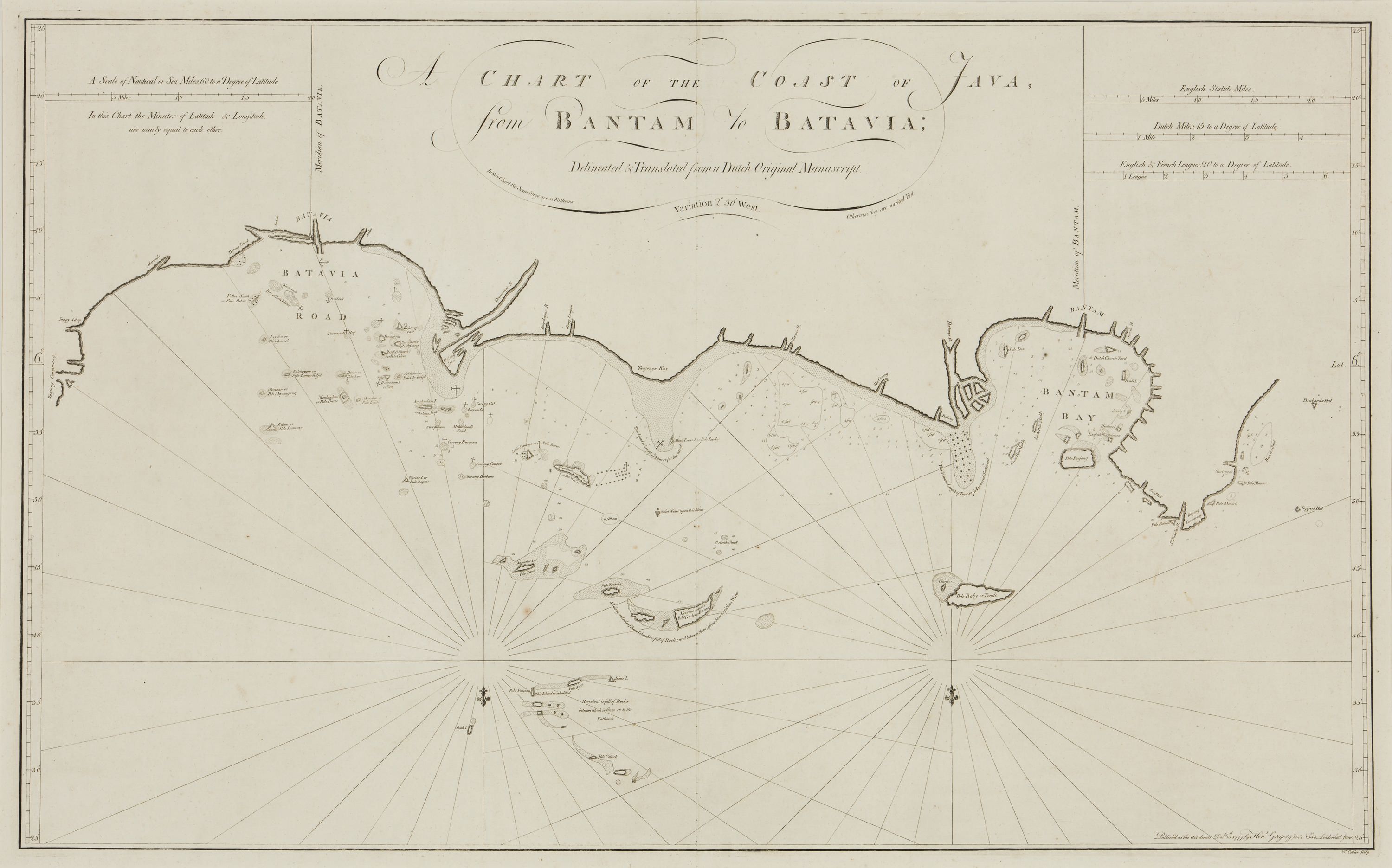 Engraved chart. Oriented south, depicts good details of islands in the approach, soundings near shore, monochrome, title `A Chart of the Coast of Java, from Bantam to Batavia' 