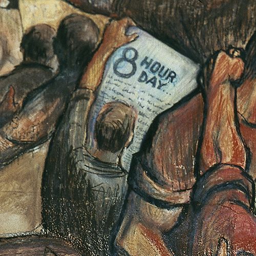 Close up section of a mural featuring a man holding paper which says 8 hour day.