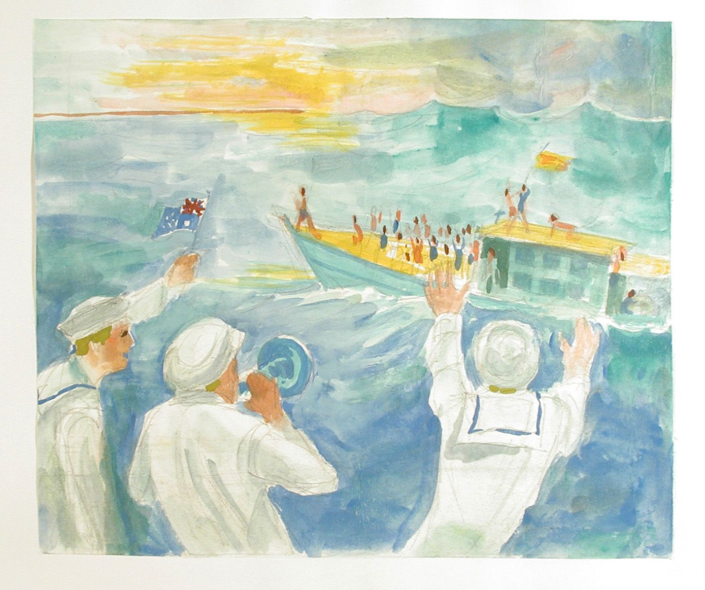 Watercolour artwork showing 3 people on the shore in white, waving an Australian flag at a fishing boat with people on the deck.