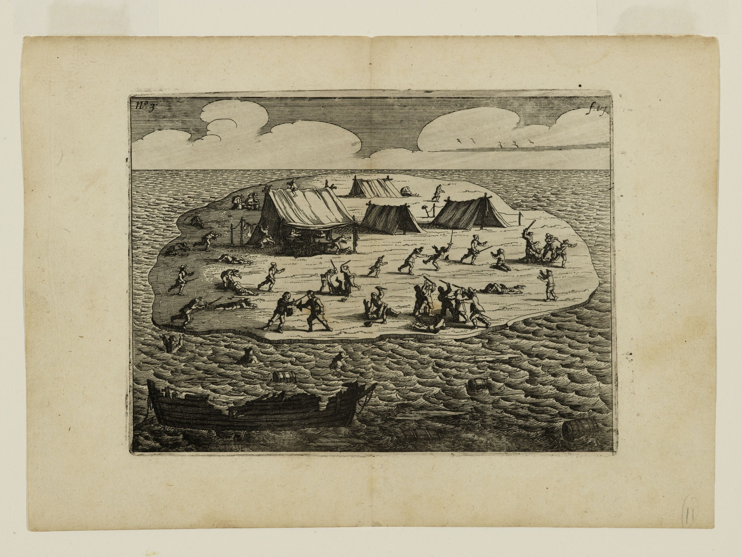 Black and white engraving on yellowed painting.The image depicts a people fighting with weapons on a small island with tents in the background. 