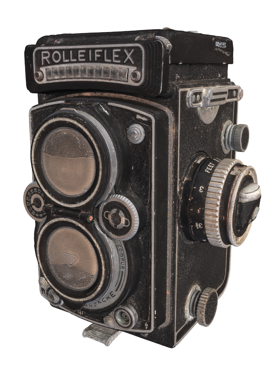 A screenshot of a 3D model of an old, rectangular camera with lenses and dials.