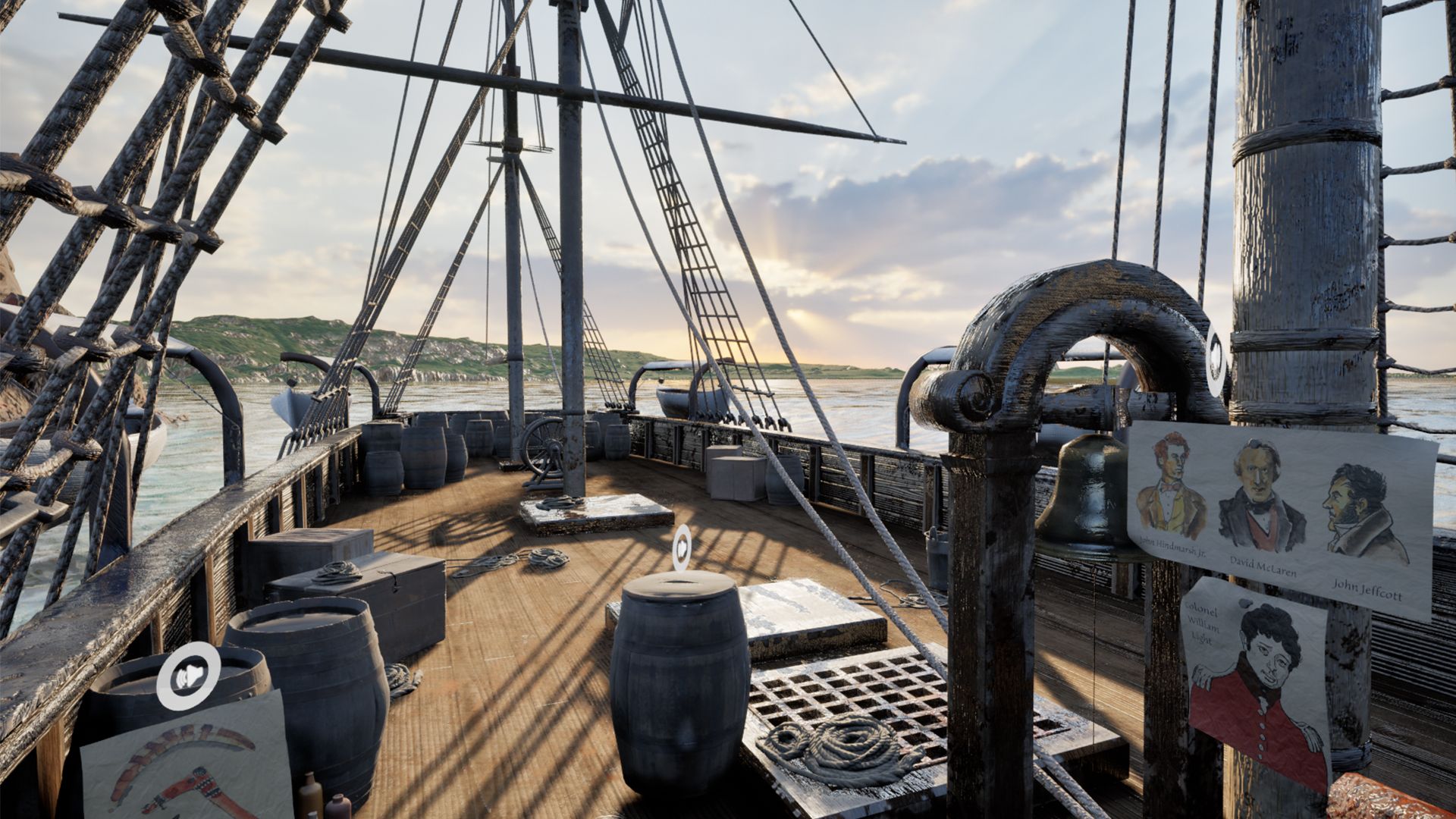 A screenshot from the virtual reality experience showing the deck of a ship.