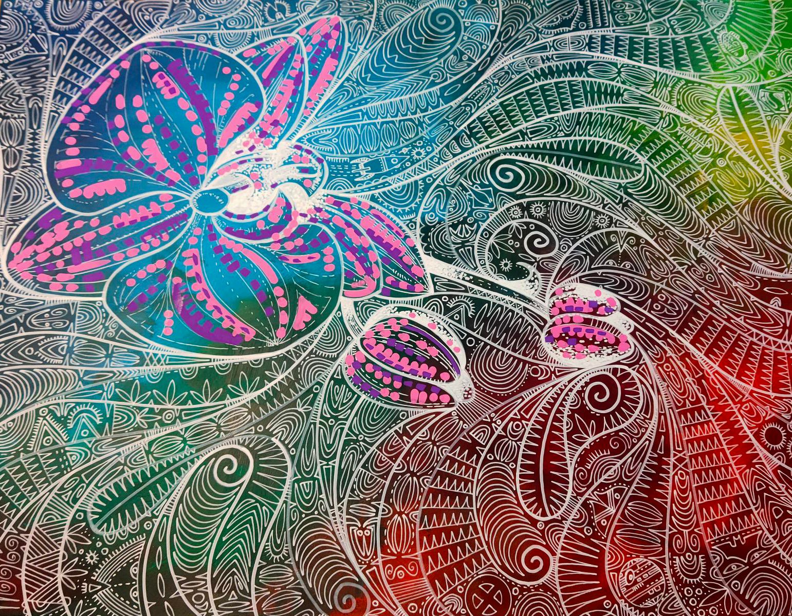 Artwork with White linework depicting flowers and patterns, with pick and purple details, on a colourful background. 