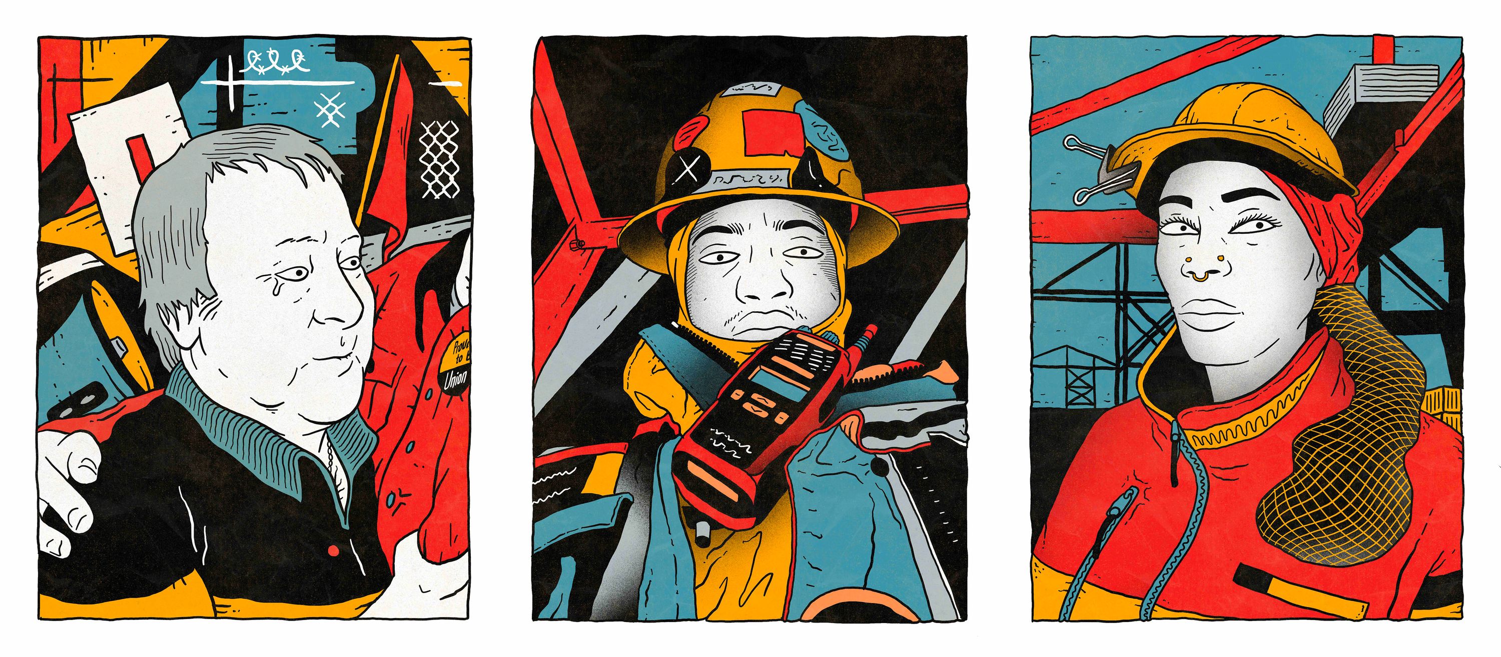 Series of 3 illustrated artworks featuring workers. 