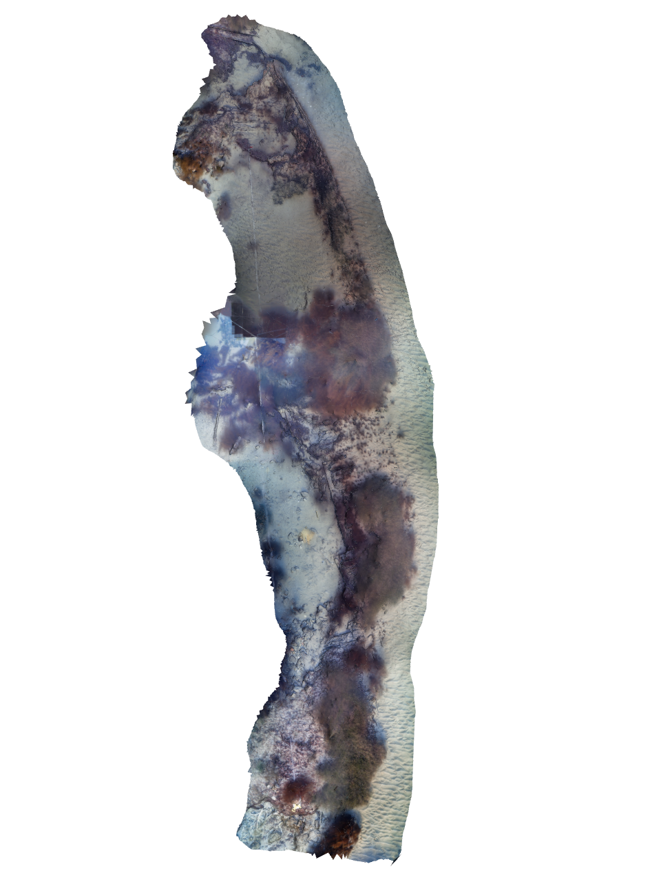 Screenshot of a 3D model showing an underwater archaeological site with a line of the side of a ship down one side.