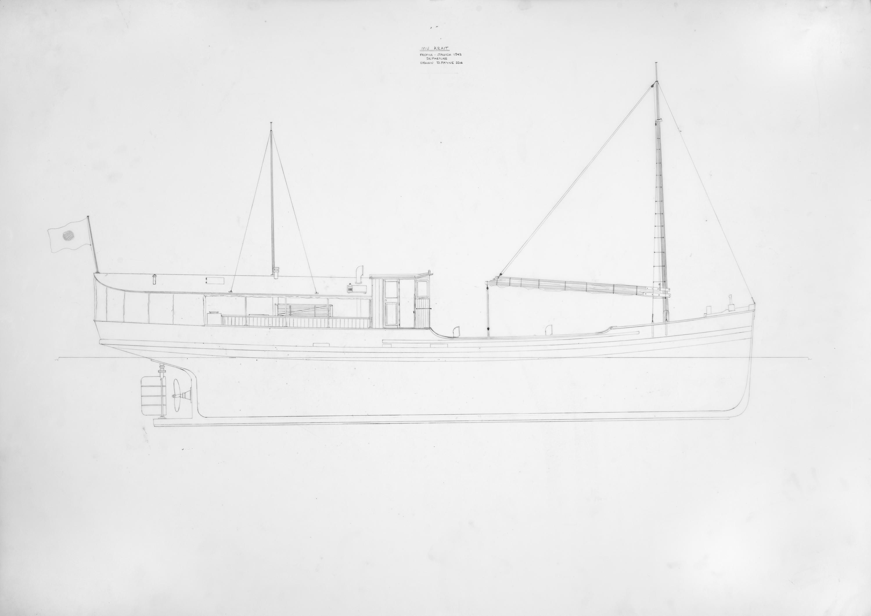Technical drawing showing a side profile of a boat.