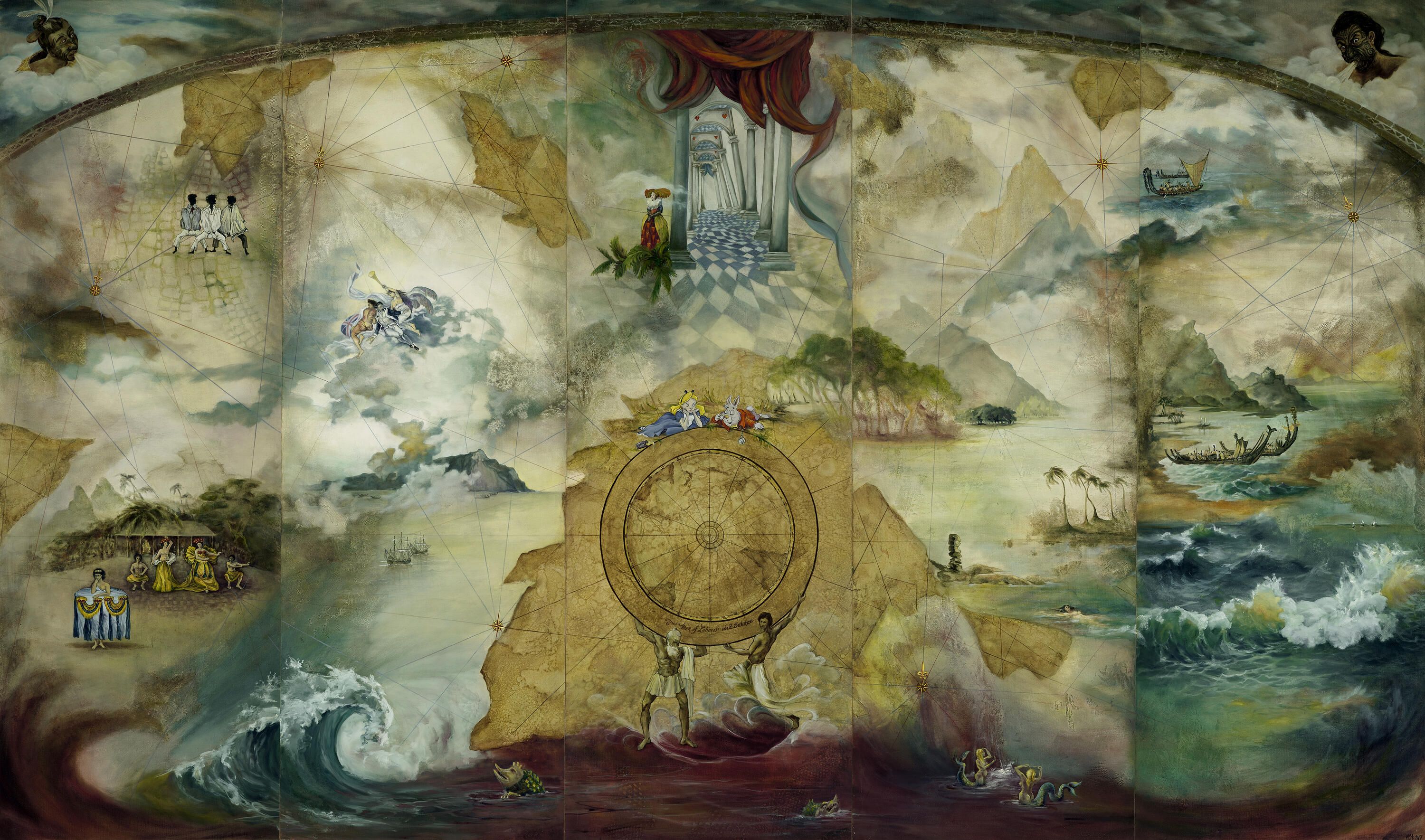 Painting incorporates a central compass rose, rumb lines and wind gods in a reconstruction of the Pacific. Combining images of Cook's voyage artists with the mythical, romantic and ridiculous, this vast panorama questions the image of the Pacific brought back to Europe during Pacific Encounters in the 'Age of Discovery'.