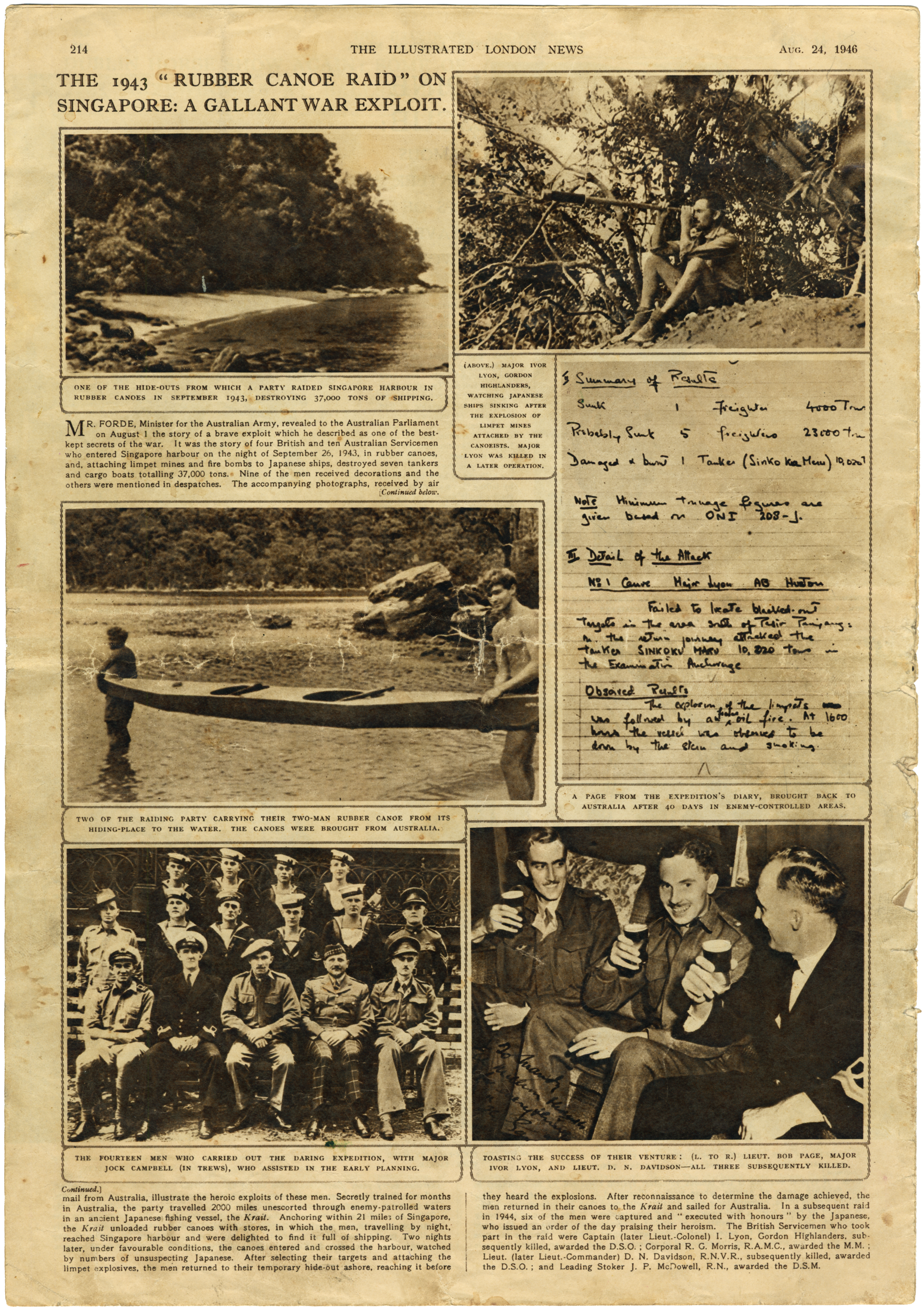 A yellowed newspaper page with seceral images showing men with canoes and a in military uniform.