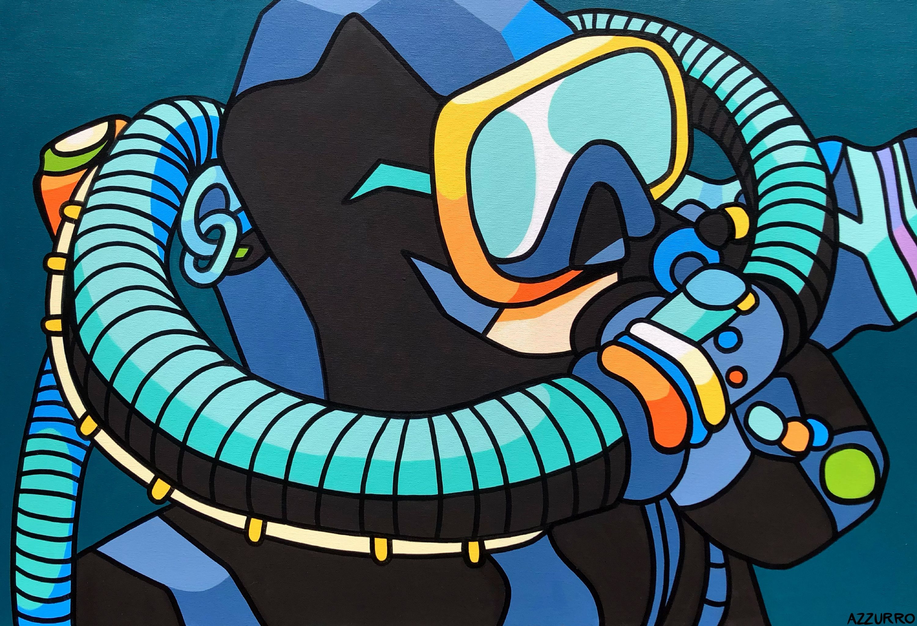 A painted mural showing a close up of a diver's face with mask and SCUBA equipment.