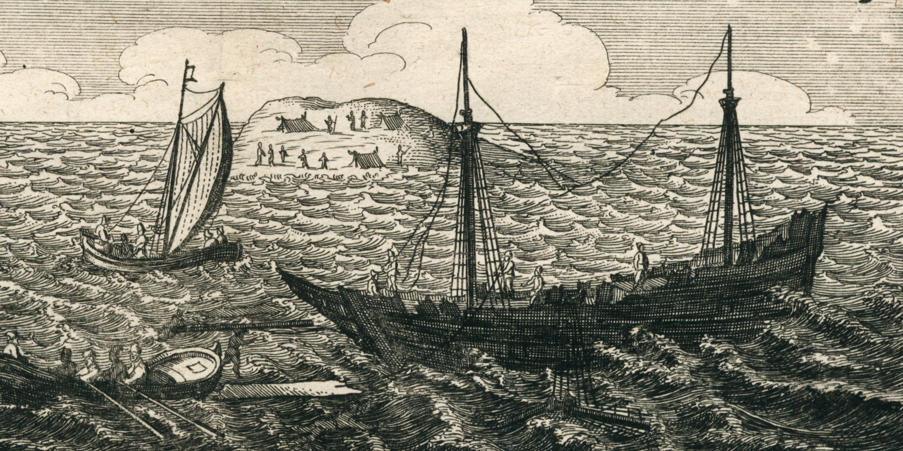 Black and white etching on yellowed paper showing a ship sinking and a small boat taking people to an island in the background.