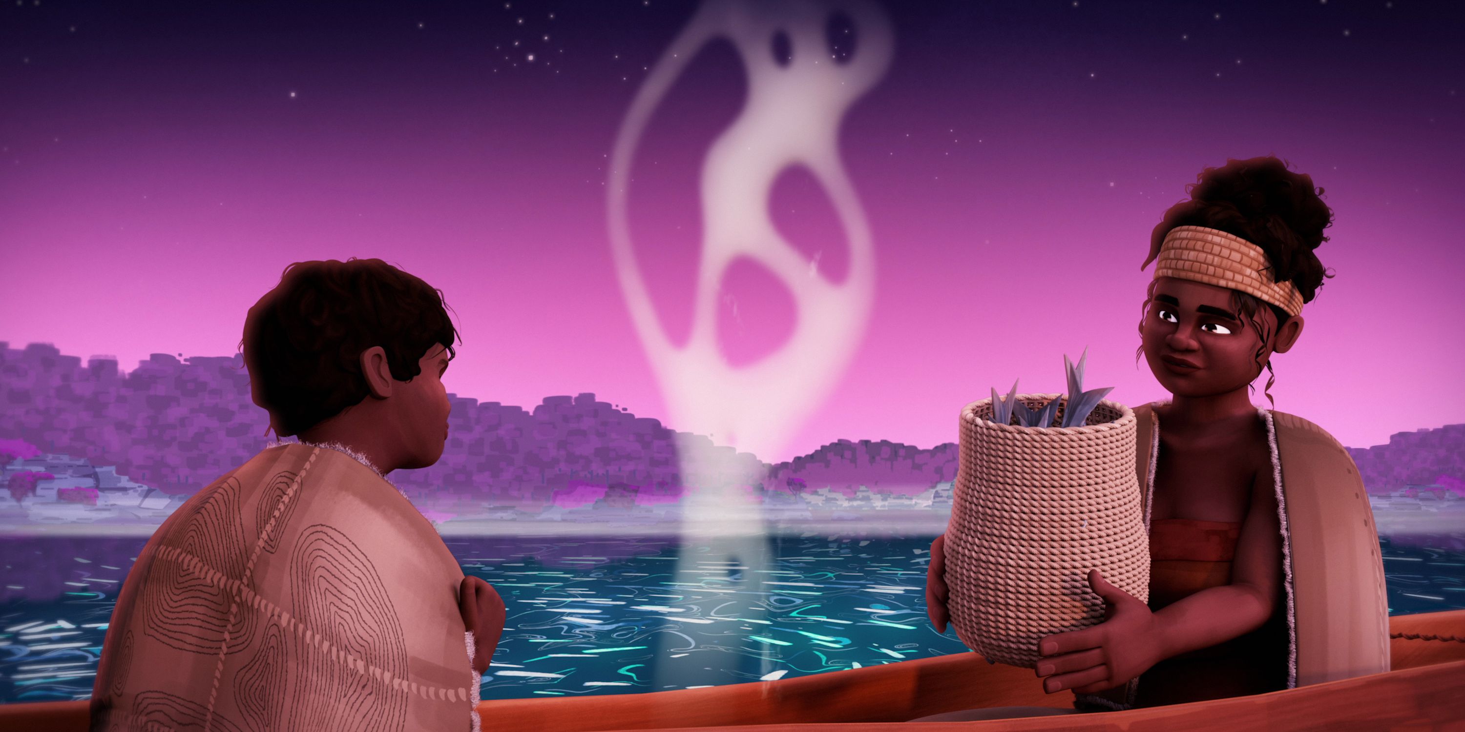 Still from animation, an Aboriginal boy and his mother wear possum skin over their shoulder, she holds a large bag of fish.