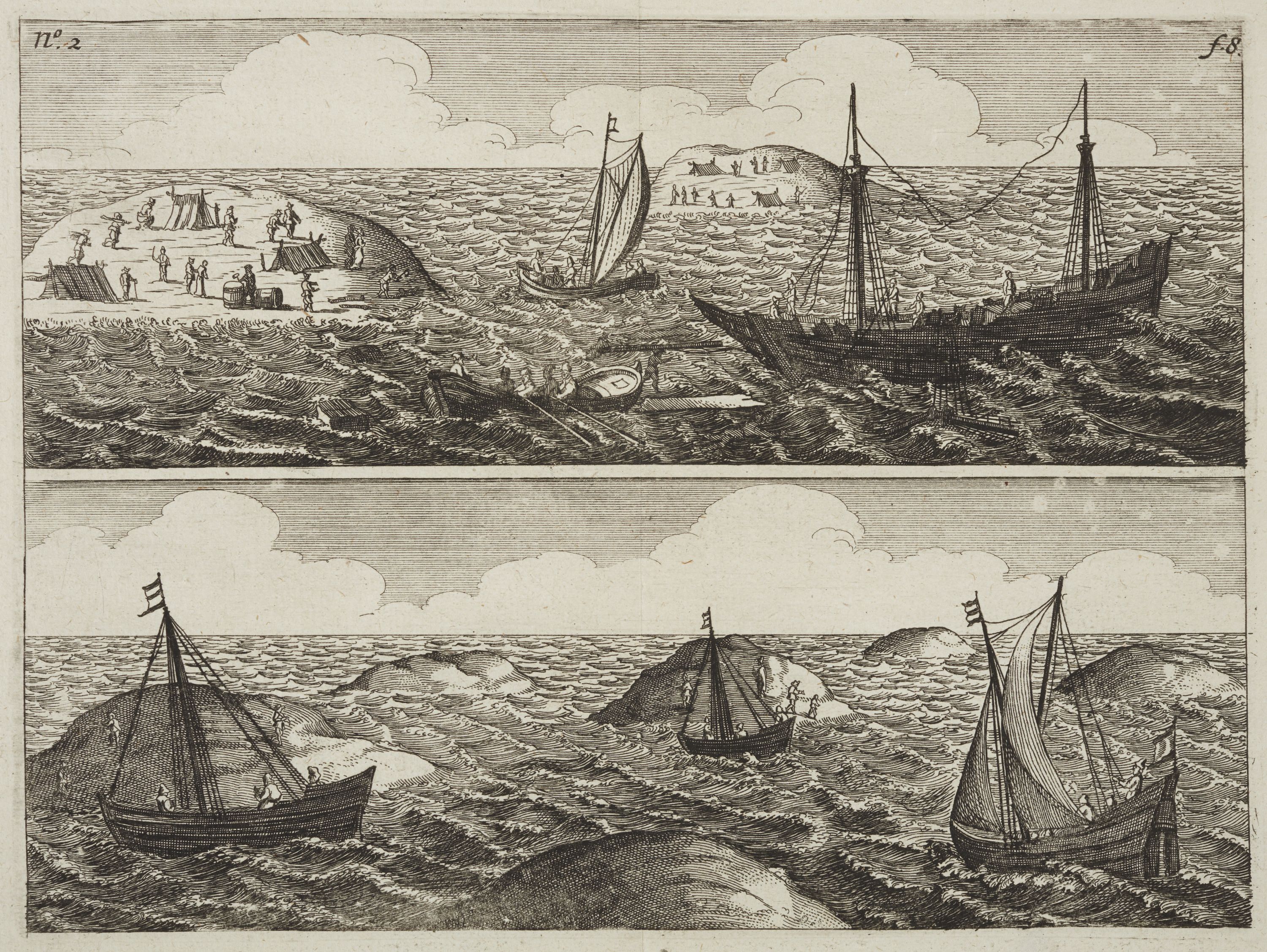 Engraving of 2 scenes each showing a several sailing ships. the top images also includes an island and with figures and small tents.  