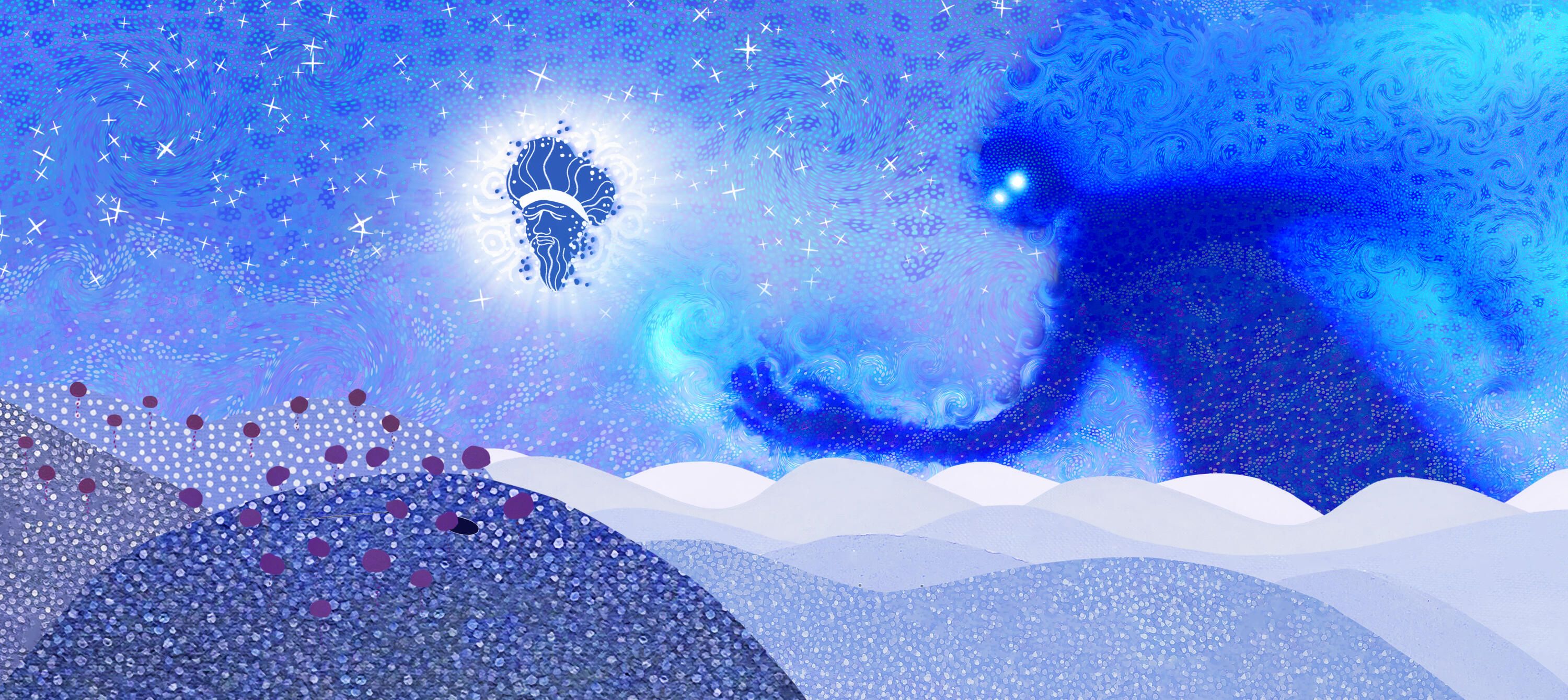 Artistic illustration showing a large, blue figure reaching out