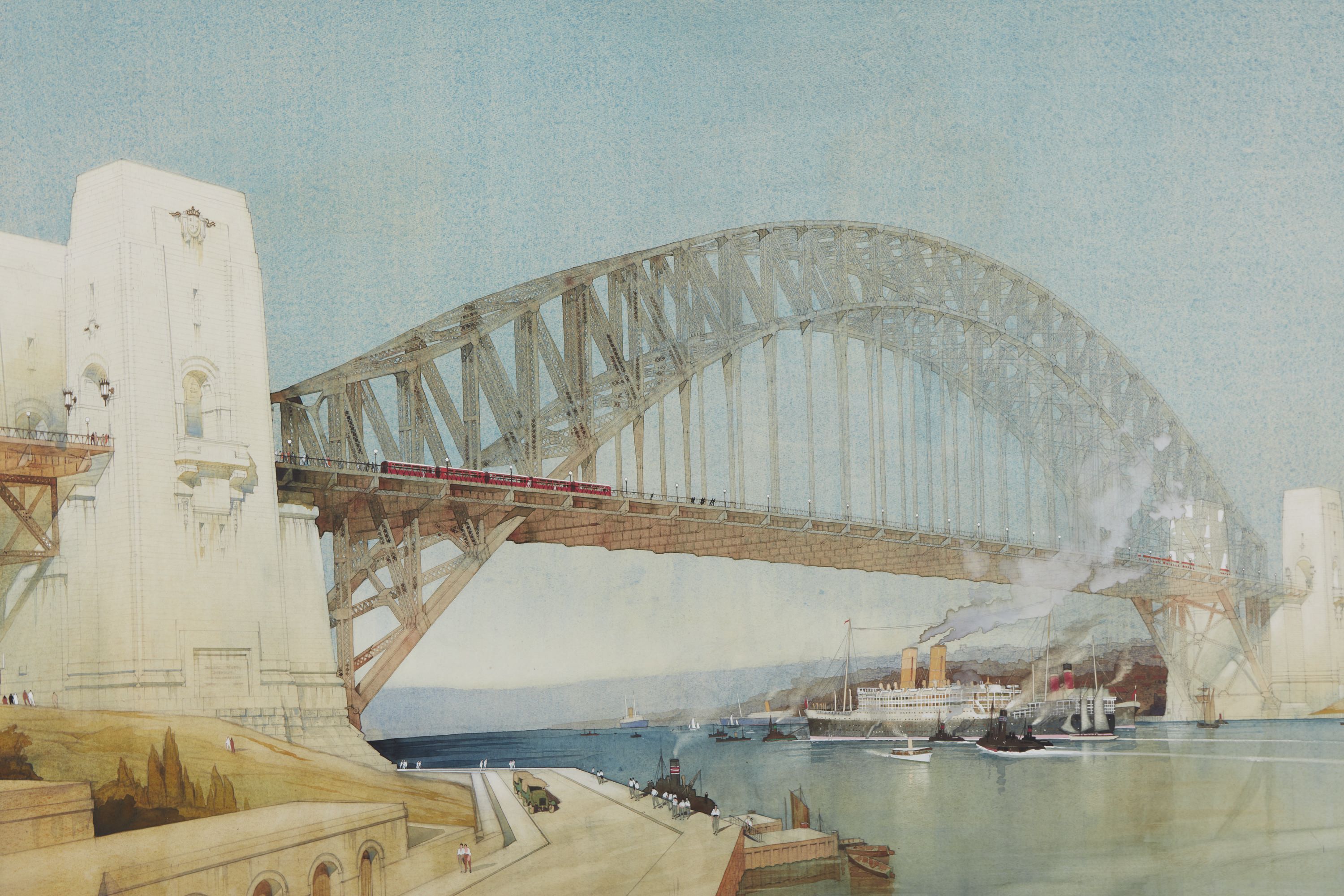 Watercolour painting depicting the Sydney Harbour Bridge seen from below from the southern shore.