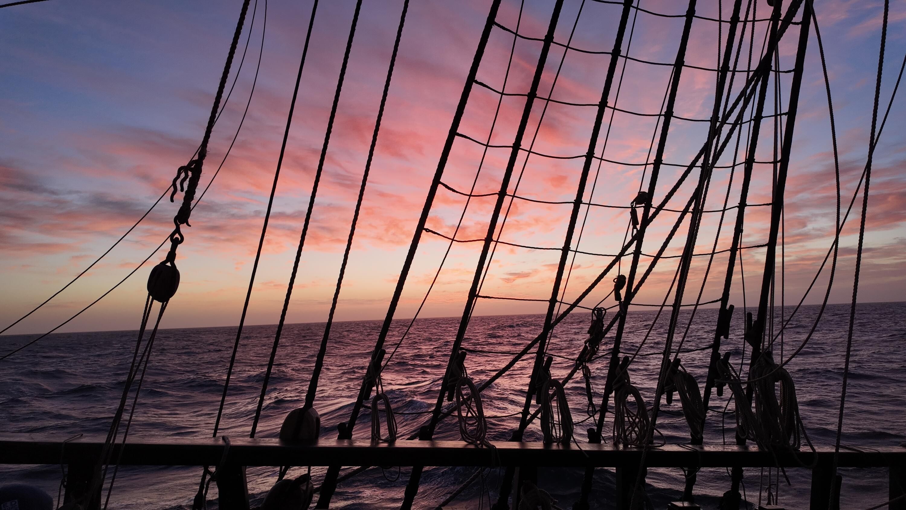 A photo taken of a sunrise with a grid of sailing ship rigging ropes silhouetted in the foreground. 