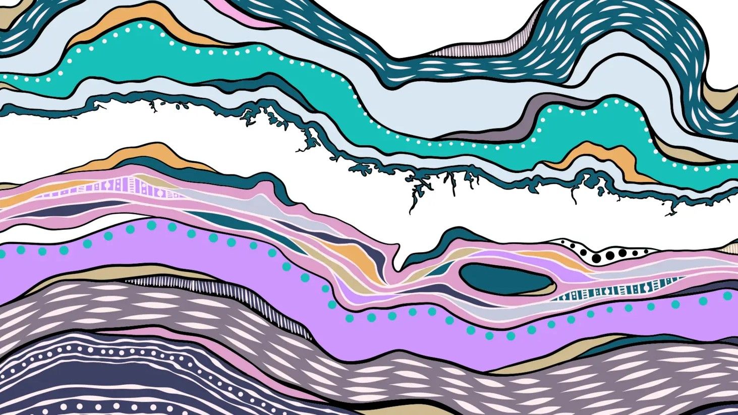 Painting showing layers of curving lines and patterns in blue, whites, pinks and browns.