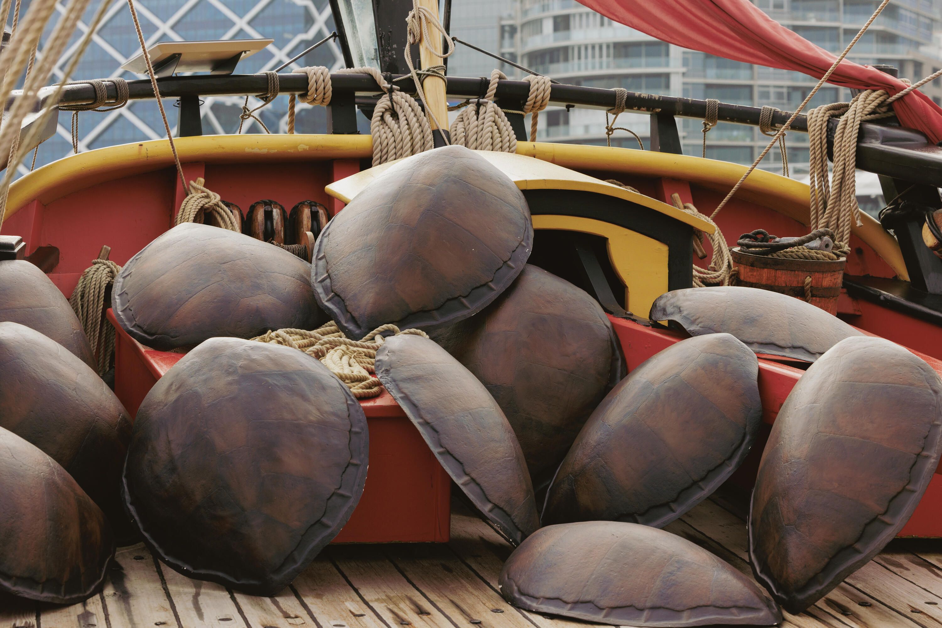 Photo showing the back of a wooden tall ship, a close up view showing a collection of turtle shells on the deck.